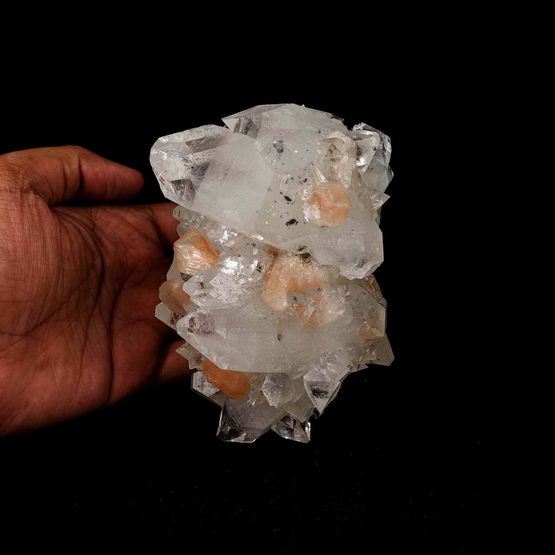Apophyllite Sprakling with Stilbite Natural Mineral Specimen # B 5193  https://www.superbminerals.us/products/apophyllite-sprakling-with-stilbite-natural-mineral-specimen-b-5193  Features: Beautiful specimen of gem clear Fluorapophyllite crystals with Stilbite from Jalgaon District, Maharashtra, India. The specimen consists of striking, strongly lustrous, transparent and gem, Fluorapophyllite crystals growing in a sculptural shape. The quality of the Fluorapophyllite is very good - transparent