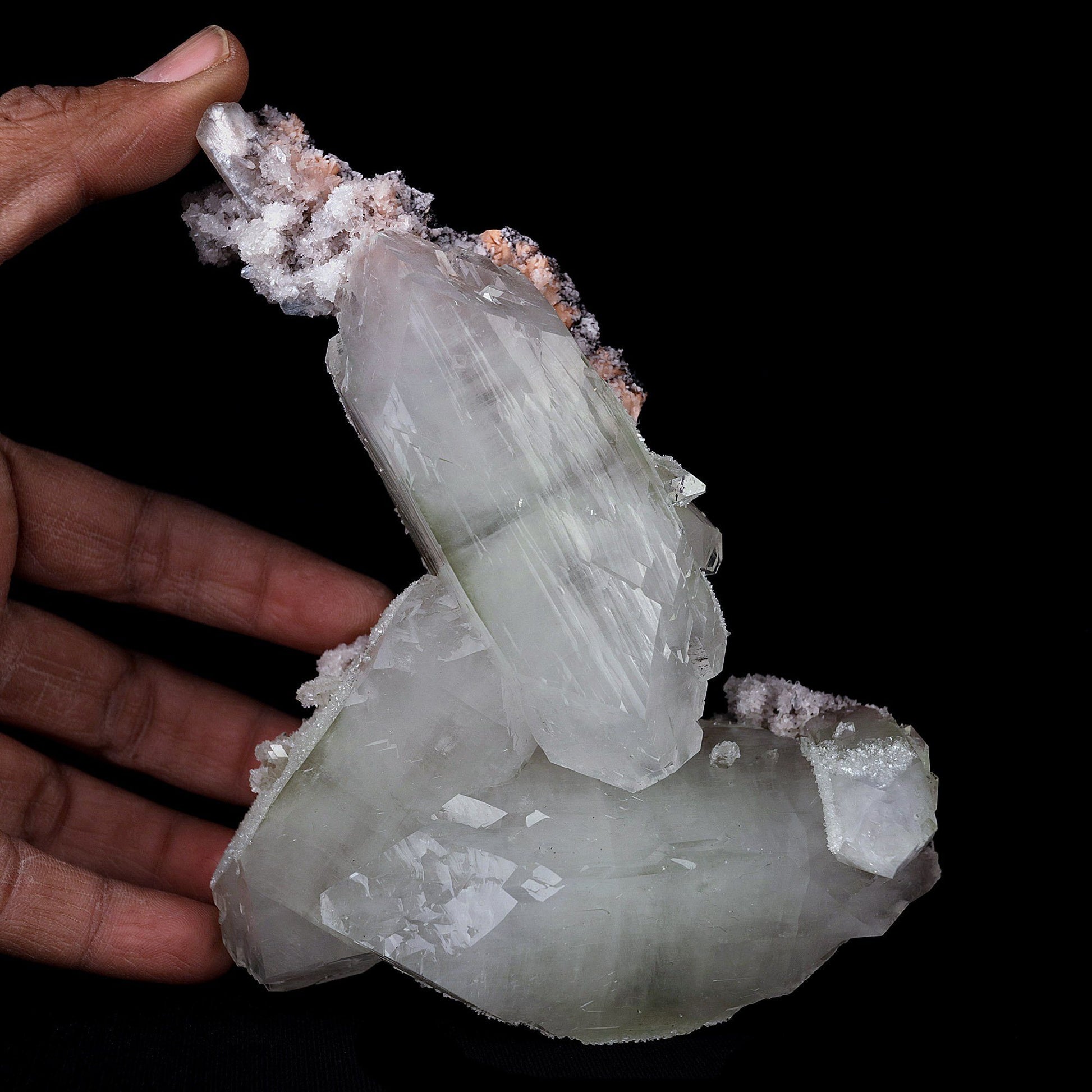 Apophyllite Terminated Trio Crystals Natural Mineral Specimen # B 4159  https://www.superbminerals.us/products/apophyllite-terminated-trio-crystals-natural-mineral-specimen-b-4159  Features:This unusually large and heavy colorless Apophyllite displays amazing luster and nice twinned crystals. The piece exhibits glassy faces with good clarity and is complete all the way around. This amazing piece displays gorgeous adamantine luster, which is uncommon among most minerals