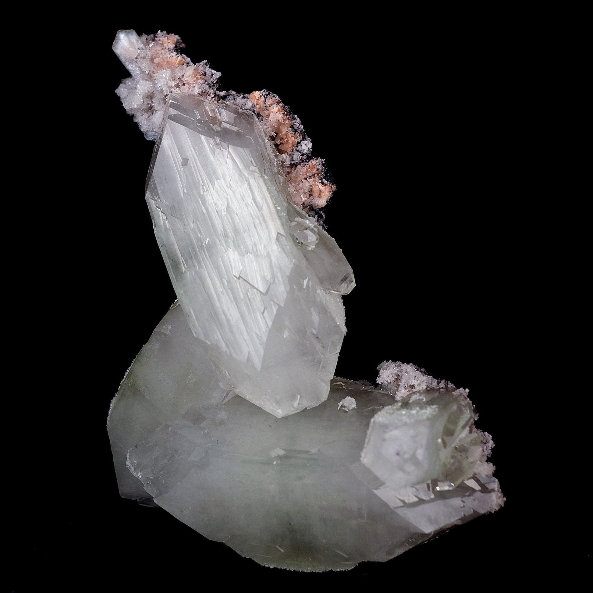 Apophyllite Terminated Trio Crystals Natural Mineral Specimen # B 4159  https://www.superbminerals.us/products/apophyllite-terminated-trio-crystals-natural-mineral-specimen-b-4159  Features:This unusually large and heavy colorless Apophyllite displays amazing luster and nice twinned crystals. The piece exhibits glassy faces with good clarity and is complete all the way around. This amazing piece displays gorgeous adamantine luster, which is uncommon among most minerals