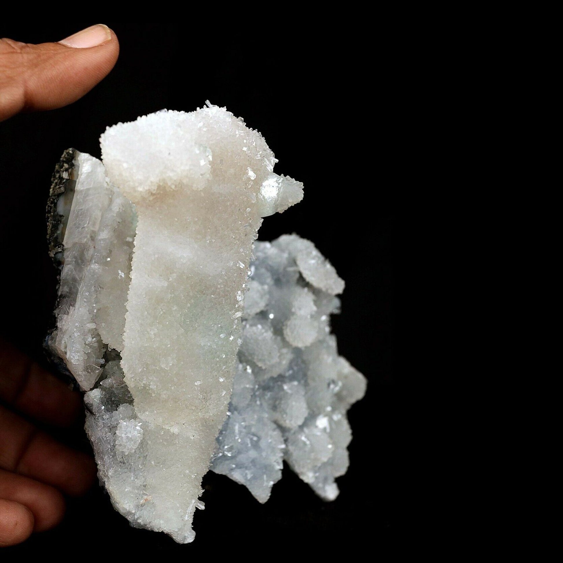Calcite Coated Crystal on MM Quartz Natural Mineral Specimen # B 3629  https://www.superbminerals.us/products/calcite-coated-crystal-on-mm-quartz-natural-mineral-specimen-b-3629  Features:A bright white, microcrystalline Quartz stalactite naturally sculpture formation coated withcalcite crystals The combination and contrast along with the luster, color, and crystal formation are outstanding. A striking and aesthetic piece in excellent condition. Primary Mineral(s): Calcite