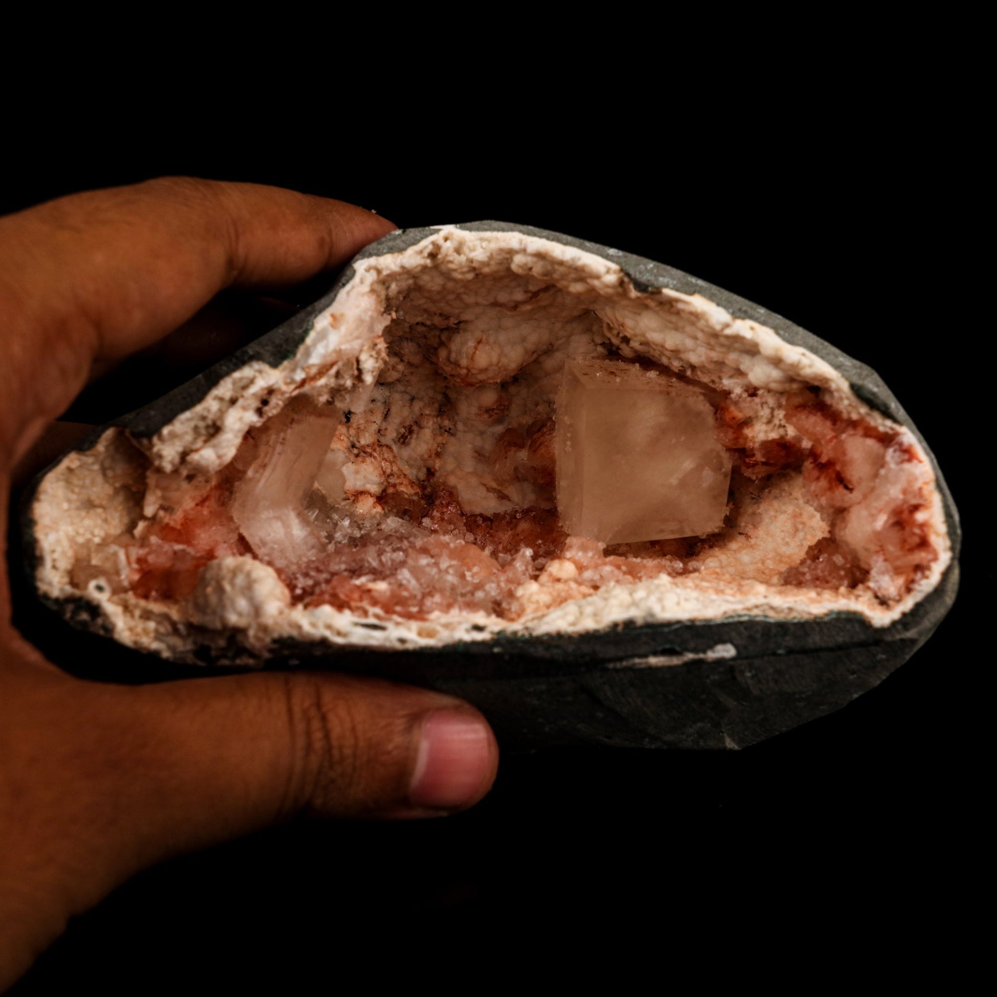 Calcite Cube with stilbite inside Chalcedony Geode Natural Mineral Specimen # B 5894 Calcite Superb Minerals 