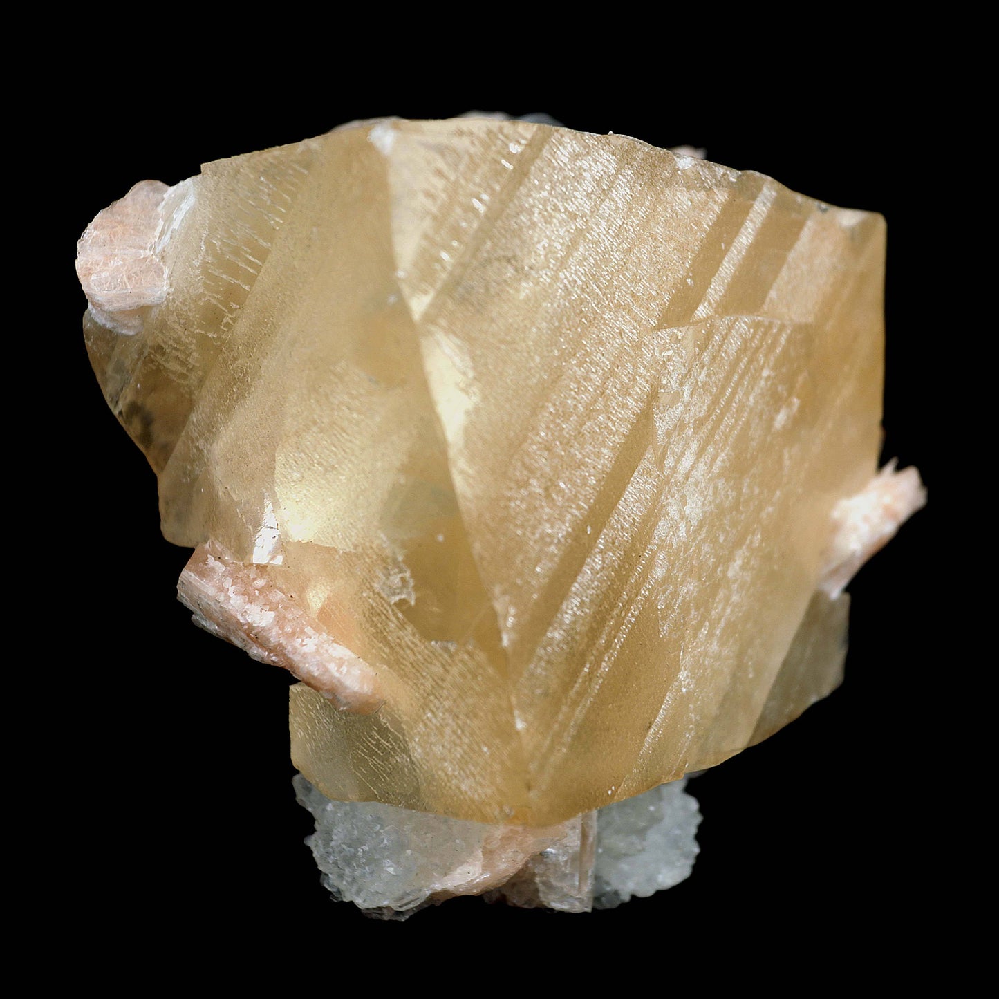 Calcite Cube with Stilbite, MM Quartz Natural Mineral Specimen # B 403…  https://www.superbminerals.us/products/calcite-cube-with-stilbite-mm-quartz-natural-mineral-specimen-b-4030  Features:A dazzling and wonderful gemmy Calcite cubic precious crystal from the Nashik locale in Maharashtra, India. The precious stone is a twisted rhombohedron, tending to practically cubic and measures cubic gems, one arising out of the top face and one further down. The gems are straightforward, absolutely gemmy