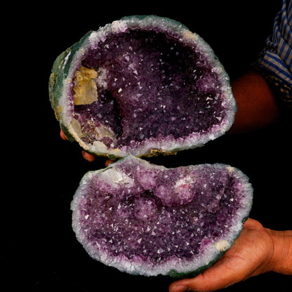 Calcite Inside Sparkling Amethyst Geode Natural Mineral Specimen # B …  https://www.superbminerals.us/products/calcite-inside-sparkling-amethyst-geode-natural-mineral-specimen-b-5217  Features: This piece demonstrates that you should never judge a book by its cover. It's basic and unattractive when you view these two halves combined. Even unattractive. It's a stunning contrast to watch it split apart and see the shiny, purple Amethyst crystals lining the entire cavity on both halves!