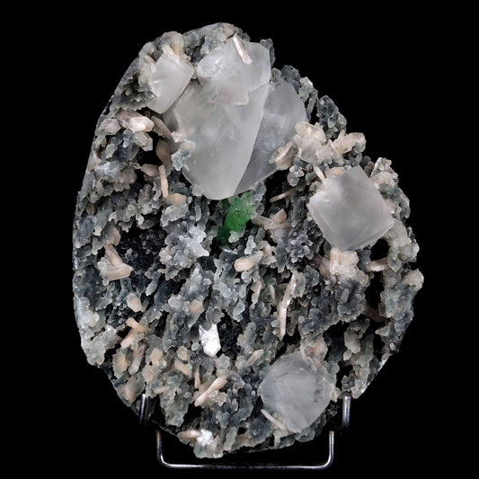 Calcite with Green Apophyllite with Stilbite (Excellent) Vug # B 4228  https://www.superbminerals.us/products/calcite-with-green-apophyllite-with-stilbite-excellent-vug-b-4228  Features:An exceptionally sculptural and impressive large combination zeolite specimen from Aurangabad. The very well prepared deep triangular vug in basalt matrix is lined with sparkly, bubbly, drusy gray chalcedony. The striking and aesthetic mound in the middle hosts pearlescent, flesh-pink, stilbite crystals,