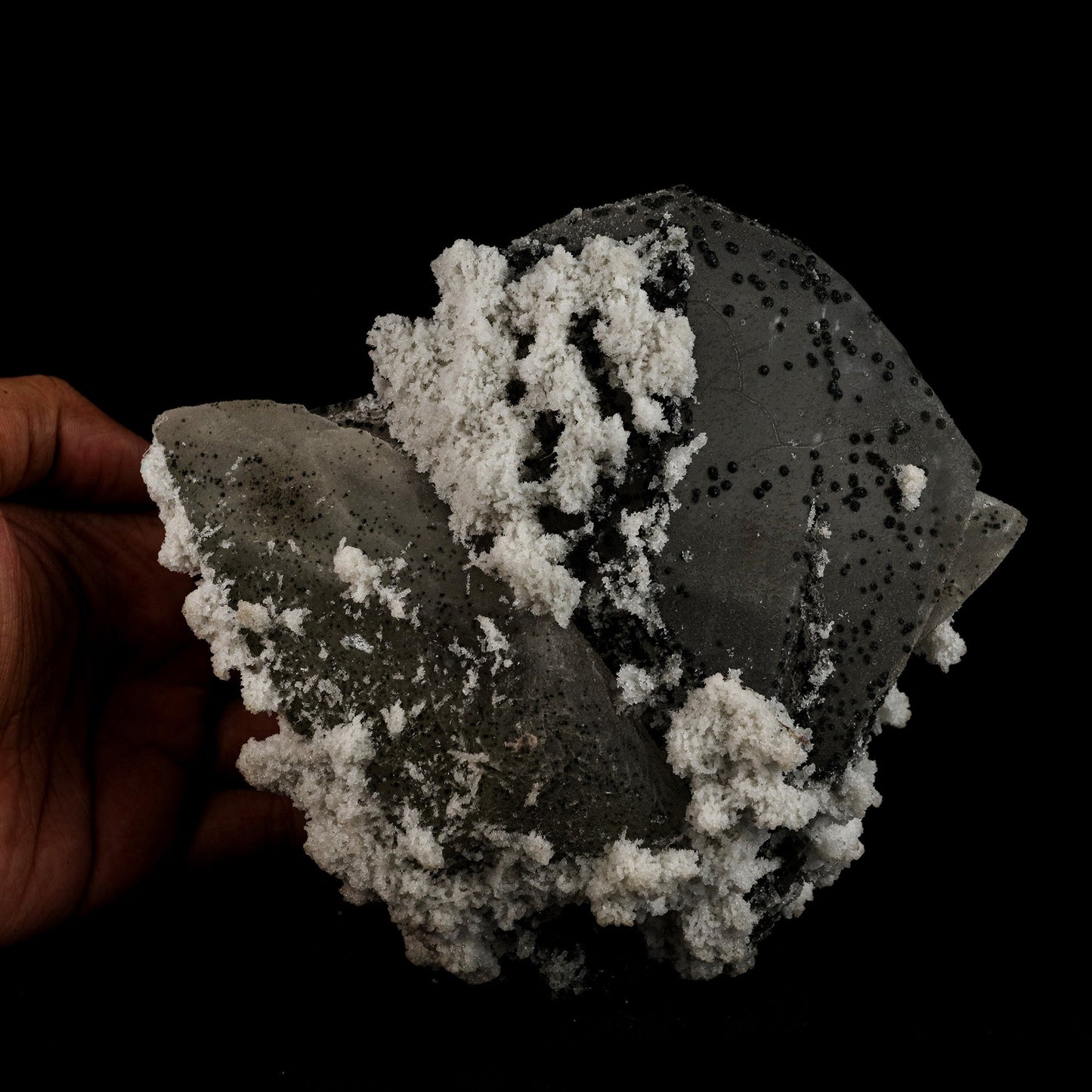 Calcite with Julgodite Rare Find Natural Mineral Specimen # B 5113  https://www.superbminerals.us/products/calcite-with-julgodite-rare-find-natural-mineral-specimen-b-5113  Features: The rare mineral Julgodite covers the basalt matrix. The small crystals, which are quite dark, are noticeable as they contrast well with the crystals of Stilbites, which are doubly-terminated, brilliant, water clear and with sharp pyramids. A floater crystal of Calcite with deposits of Julgoldite. Julgoldite