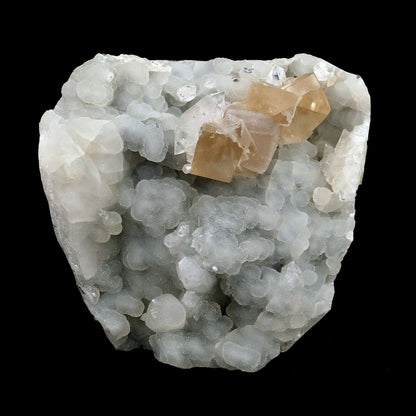 Calcite Yellow Crystal on Chalcedony Natural Mineral Specimen # B 3664  https://www.superbminerals.us/products/calcite-yellow-crystal-on-chalcedony-natural-mineral-specimen-b-3664  Features Superb piece that features an exceptionally large plate of&nbsp; lined with lustrous, colorless crystalline Chalcedony and Chalcedony stalactites hosting two large, root-beer colored Calcite cubes and two smaller root-beer and colorless Calcite cubes. The cubes are flawless and are perfectly positioned 