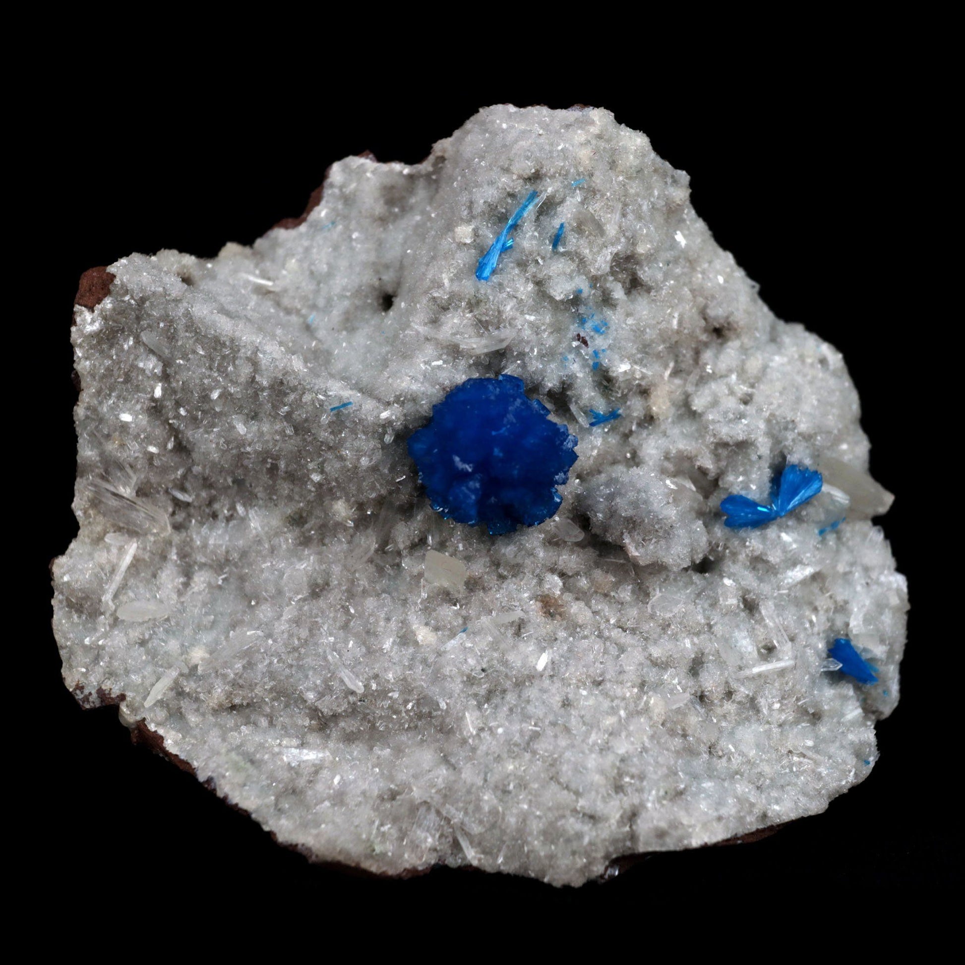 Cavansite Ball on Heuandite (Rare Find) Natural Mineral Specimen # B …  https://www.superbminerals.us/products/cavansite-ball-on-heuandite-rare-find-natural-mineral-specimen-b-4871  Features: Radial group of exquisite deep blue Cavansite on basalt with accompanying beige micro-crystals of Heulandite makes up this stunning work. There's no obvious damage, however the front of the Cavansite "balls" has a small separation mark where it grew up against the pocket wall. It's of excellent 