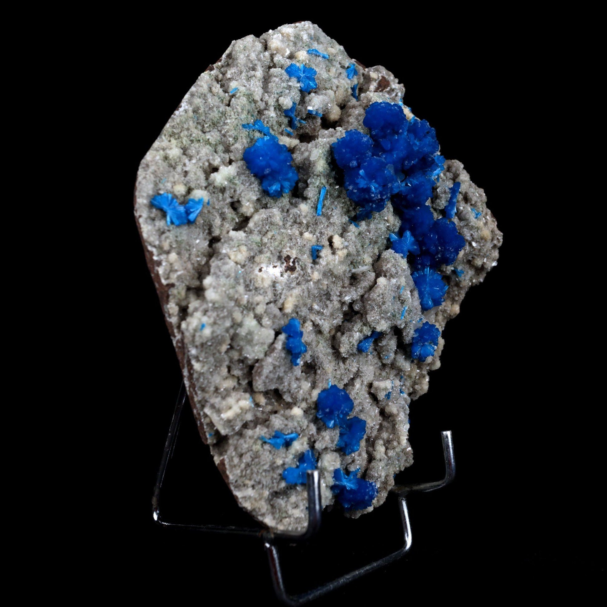 Cavansite Balls on Heuandite Natural Mineral Specimen # B 4868  https://www.superbminerals.us/products/cavansite-balls-on-heuandite-natural-mineral-specimen-b-4868  Features: This magnificent piece is composed of a radial group of superb deep blue Cavansite crystals on basalt, with accompanying beige micro-crystals of Heulandite.In spite of the fact that there is no evident damage, the front of the Cavansite "balls" has a little separation mark where it has grown up against 