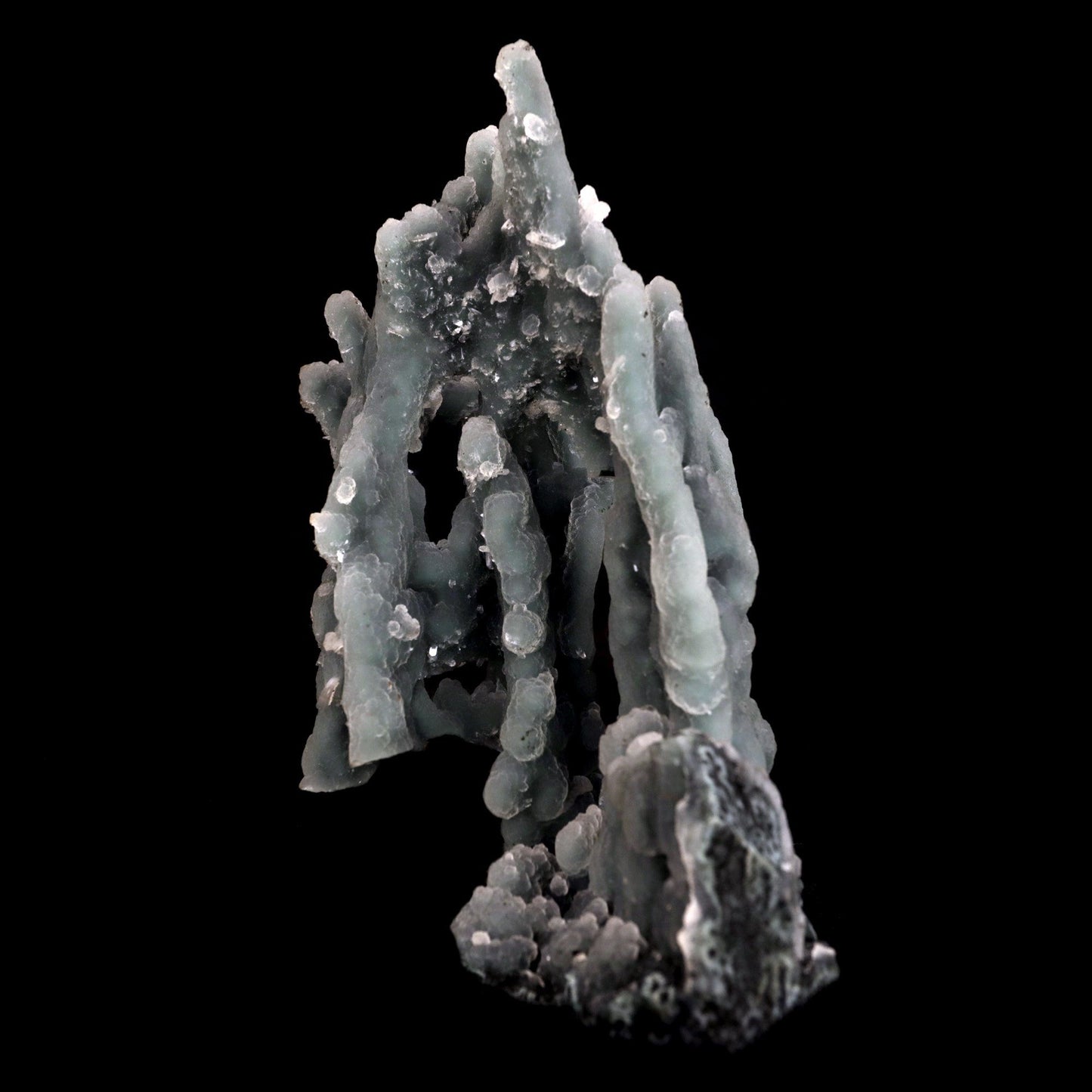 Chalcedony Coral Natural Mineral Specimen # B 4830  https://www.superbminerals.us/products/chalcedony-coral-natural-mineral-specimen-b-4830  Features: Magnificent specimen of delicate Chalcedony stalactites. The Chalcedony elongated structure is amazing. The stalactites are complete all over, colorless with milky white inclusions in the center, very sparkling and frosty. Many of them are doubly terminated. The Chalcedony stalactites are very lustrous