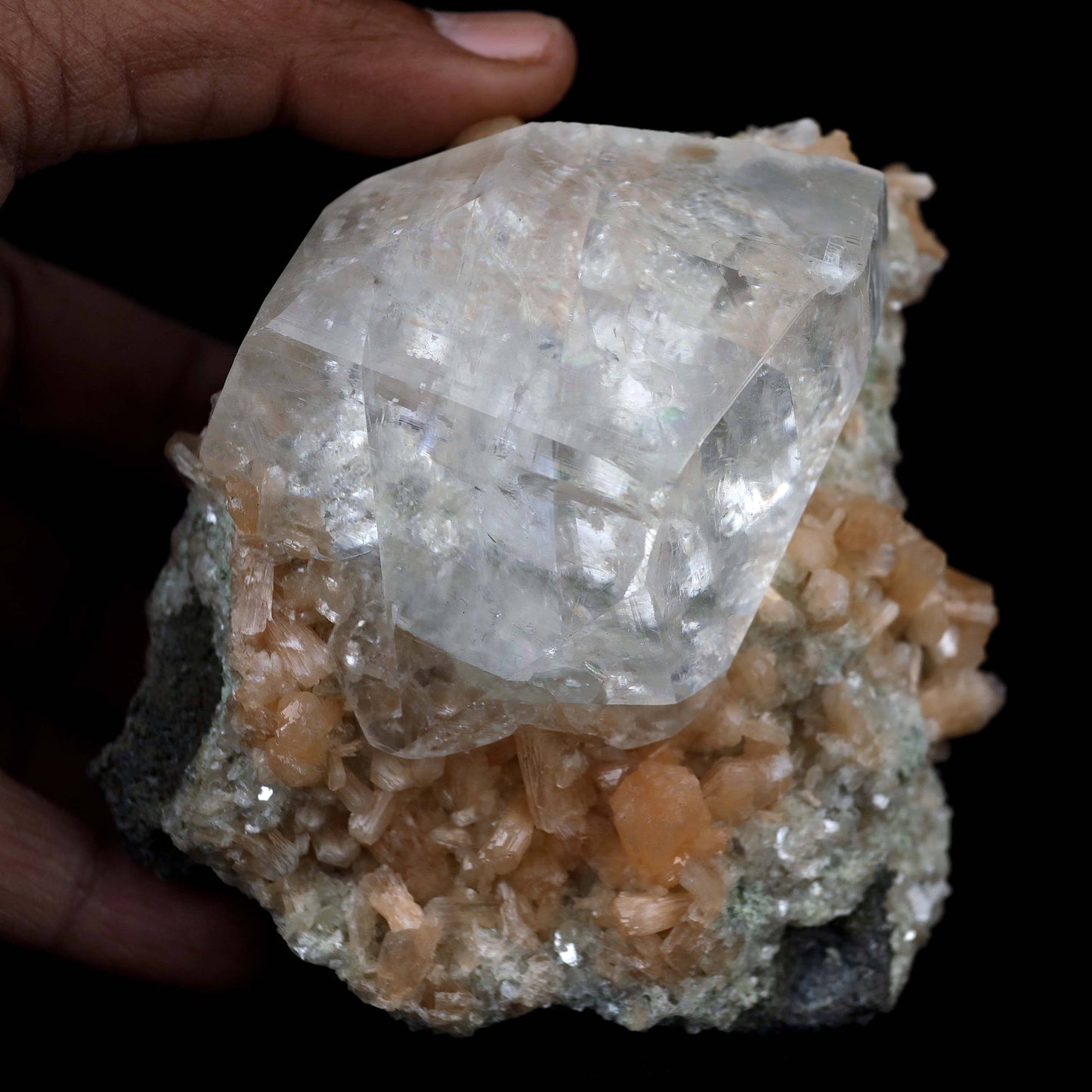 Classic Calcite Cube with Stilbite on Heulandite Natural Mineral Speci…  https://www.superbminerals.us/products/classic-calcite-cube-with-stilbite-on-heulandite-natural-mineral-specimen-b-4379  Features:A showy and three-dimensional display specimen from the famous Deccan Trap featuring rhombic, translucent, white colorless Calcite crystal aesthetically sitting along the side of a 2.0 cm, white "sheaf"-like group of vitreous Stilbite sitting on grey-blue colored Heulandite atop basalt matrix. No damage