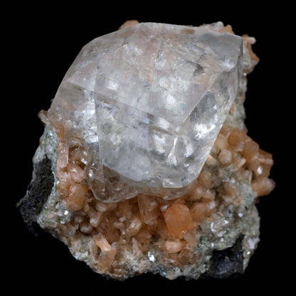 Classic Calcite Cube with Stilbite on Heulandite Natural Mineral Speci…  https://www.superbminerals.us/products/classic-calcite-cube-with-stilbite-on-heulandite-natural-mineral-specimen-b-4379  Features:A showy and three-dimensional display specimen from the famous Deccan Trap featuring rhombic, translucent, white colorless Calcite crystal aesthetically sitting along the side of a 2.0 cm, white "sheaf"-like group of vitreous Stilbite sitting on grey-blue colored Heulandite atop basalt matrix. No damage