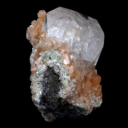 Classic Calcite Cube with Stilbite on Heulandite Natural Mineral Speci…  https://www.superbminerals.us/products/classic-calcite-cube-with-stilbite-on-heulandite-natural-mineral-specimen-b-4379  Features:A showy and three-dimensional display specimen from the famous Deccan Trap featuring rhombic, translucent, white colorless Calcite crystal aesthetically sitting along the side of a 2.0 cm, white "sheaf"-like group of vitreous Stilbite sitting on grey-blue colored Heulandite atop basalt matrix. No damage