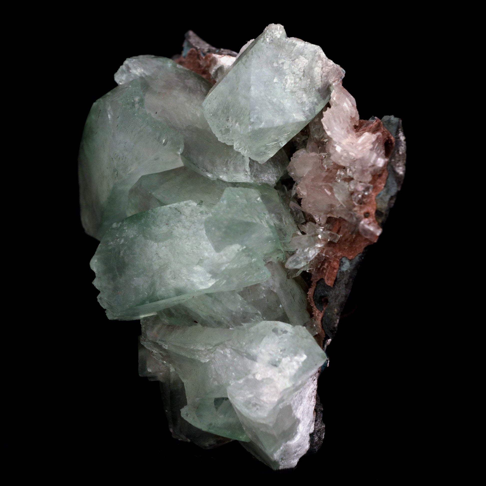 Fluorapophyllite Bi-colored and Stilbite on Chalcedony Natural Mineral…  https://www.superbminerals.us/products/fluorapophyllite-bi-colored-and-stilbite-natural-mineral-specimen-b-4787  Features: Material with a striking, massive, and sculptural 3-dimensional matrix combination.The item is dominated by two-toned, mint-green and off-white, glossy, translucent, blocky tetragonal apophyllite crystals with satin lustre faces.The huge blocky interior crystal and the magnificent isolated crystal on the edge