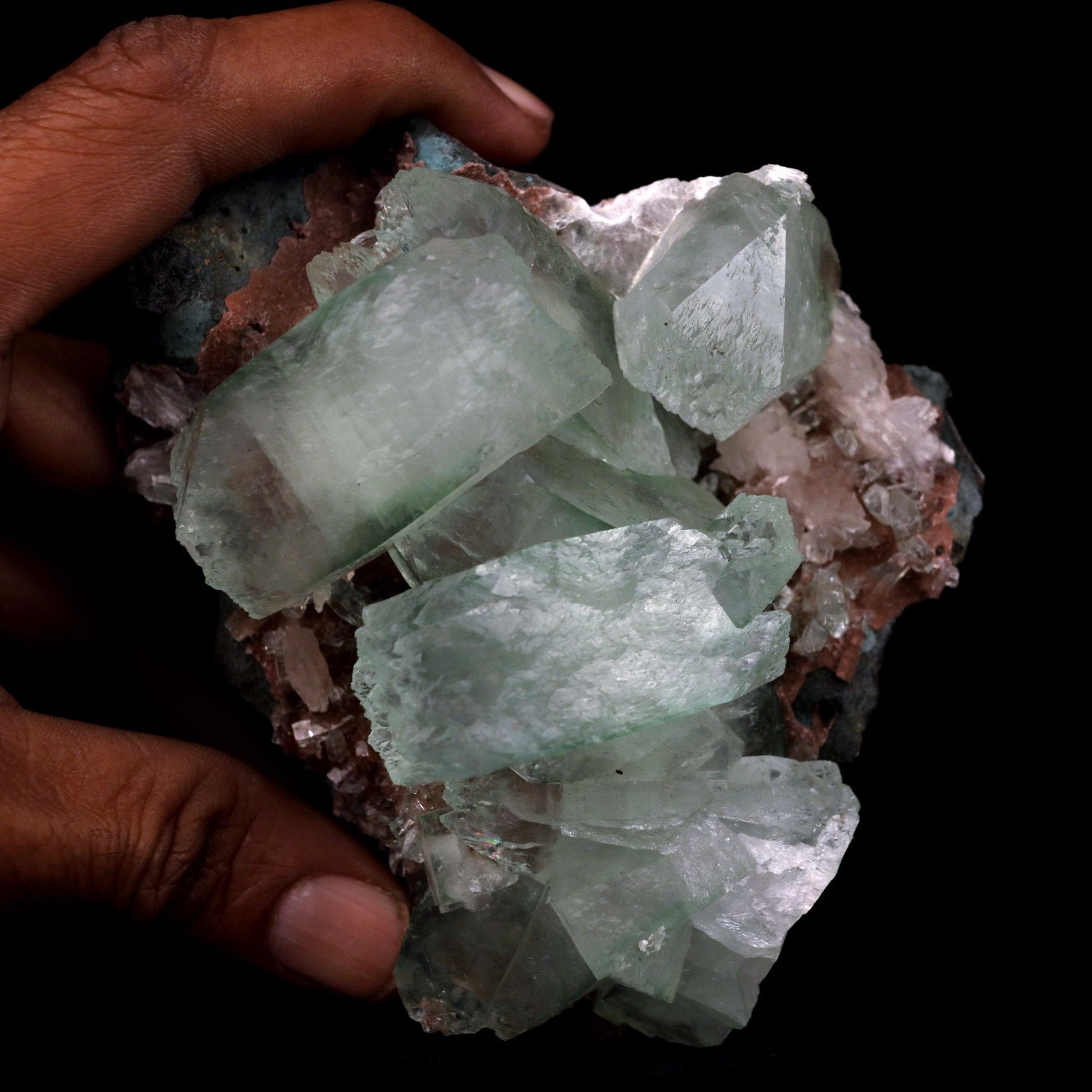 Fluorapophyllite Bi-colored and Stilbite on Chalcedony Natural Mineral…  https://www.superbminerals.us/products/fluorapophyllite-bi-colored-and-stilbite-natural-mineral-specimen-b-4787  Features: Material with a striking, massive, and sculptural 3-dimensional matrix combination.The item is dominated by two-toned, mint-green and off-white, glossy, translucent, blocky tetragonal apophyllite crystals with satin lustre faces.The huge blocky interior crystal and the magnificent isolated crystal on the edge