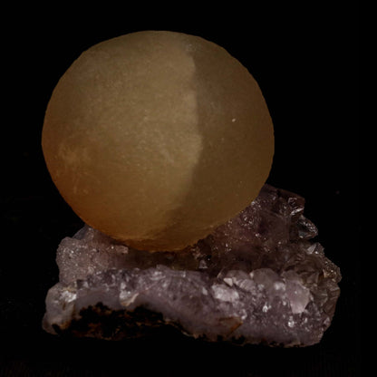 Fluorite Botridoal on Amethyst Natural Mineral Specimen # B 5194  https://www.superbminerals.us/products/fluorite-botridoal-on-amethyst-natural-mineral-specimen-b-5194  Features: An extremely botryoidal "ball" of Fluorite perches above an incredibly rich purple-colored Amethyst on Chalcedony and host rock matrix, resulting in an unusually stunning specimen. The Fluorite is a creamy-white tone on the surface that gradually fades away to a golden tint in the centre.