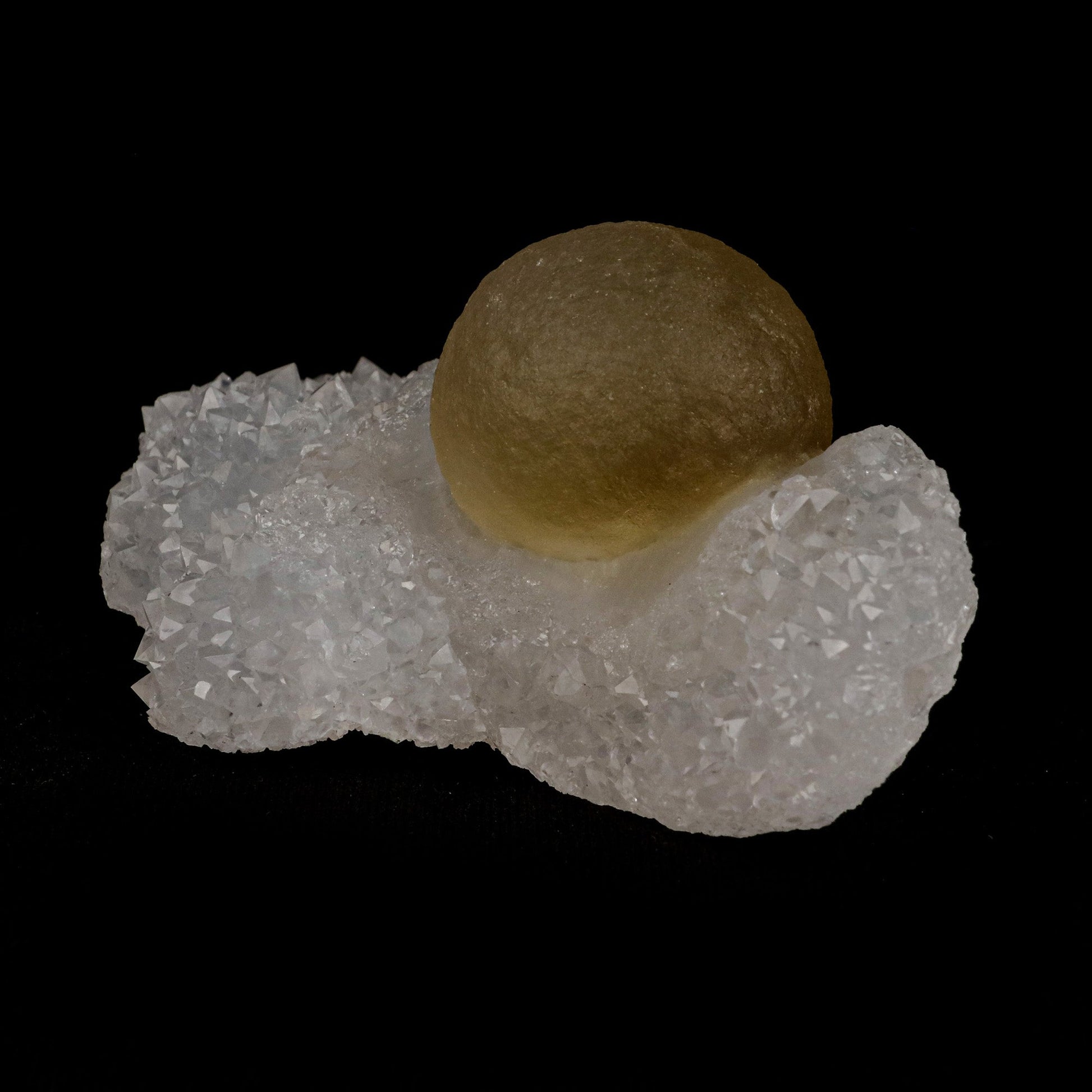 Fluorite Botridoal on MM Quartz Natural Mineral Specimen # B 5131  https://www.superbminerals.us/products/fluorite-botridoal-on-mm-quartz-natural-mineral-specimen-b-5131  Features: These golden botryoidal fluorites are unique and extremely attractive. This specimen features a a very gemmy, good sized, rich golden color, fluorite "sphere" on gemmy, colorless, stubby quartz crystal matrix. Primary Mineral(s): Fluorite