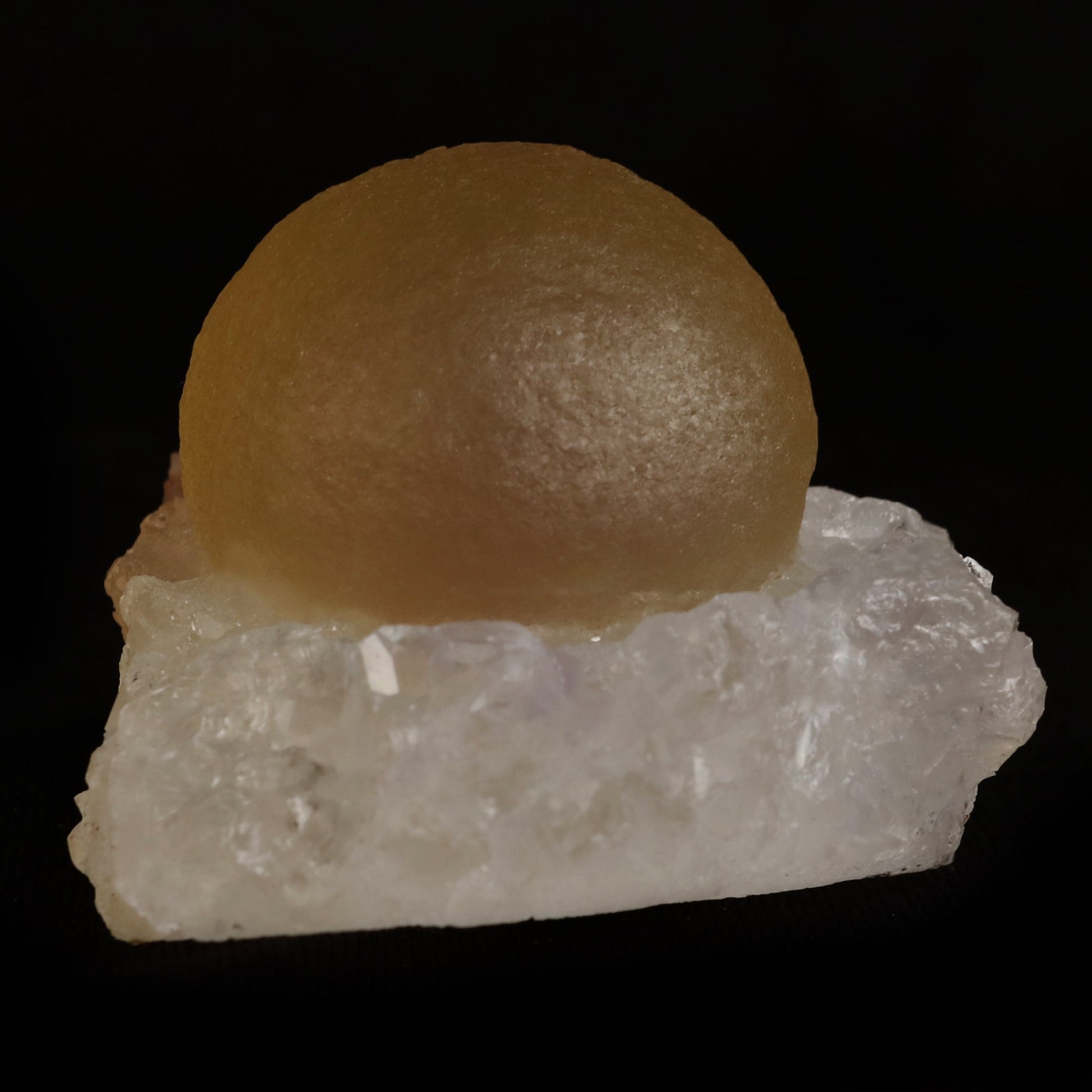 Fluorite (rare botryoidal) on Quartz Natural Mineral Specimen # B 50…  https://www.superbminerals.us/products/fluorite-rare-botryoidal-on-quartz-natural-mineral-specimen-b-5031  Features:&nbsp;This specimen is a great example of this well-known material, with a delicate golden-yellow sphere sitting on a somewhat smokey colour Quartz crystal matrix.It's crucial to note that the Quartz is crystallised, as many pieces from this locality have Fluorite atop cryptocrystalline Quart