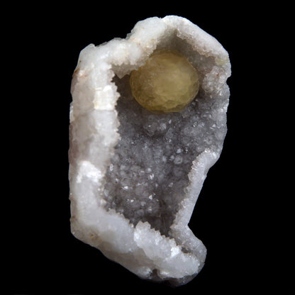 Fluorite (unusually spherical) on MM Quartz Natural Mineral Specimen …  https://www.superbminerals.us/products/fluorite-botryoidal-on-mm-quartz-natural-mineral-specimen-b-4894  Features: This specimen features unusually botryoidal "ball" of Fluorite perched atop notably rich purple coloerless on mm quartz and host rock matrix. The Fluorite ranges in color from a golden hue towards the center, and grades into a creamy-white tone on the exterior. The piece is virtually unduamaged