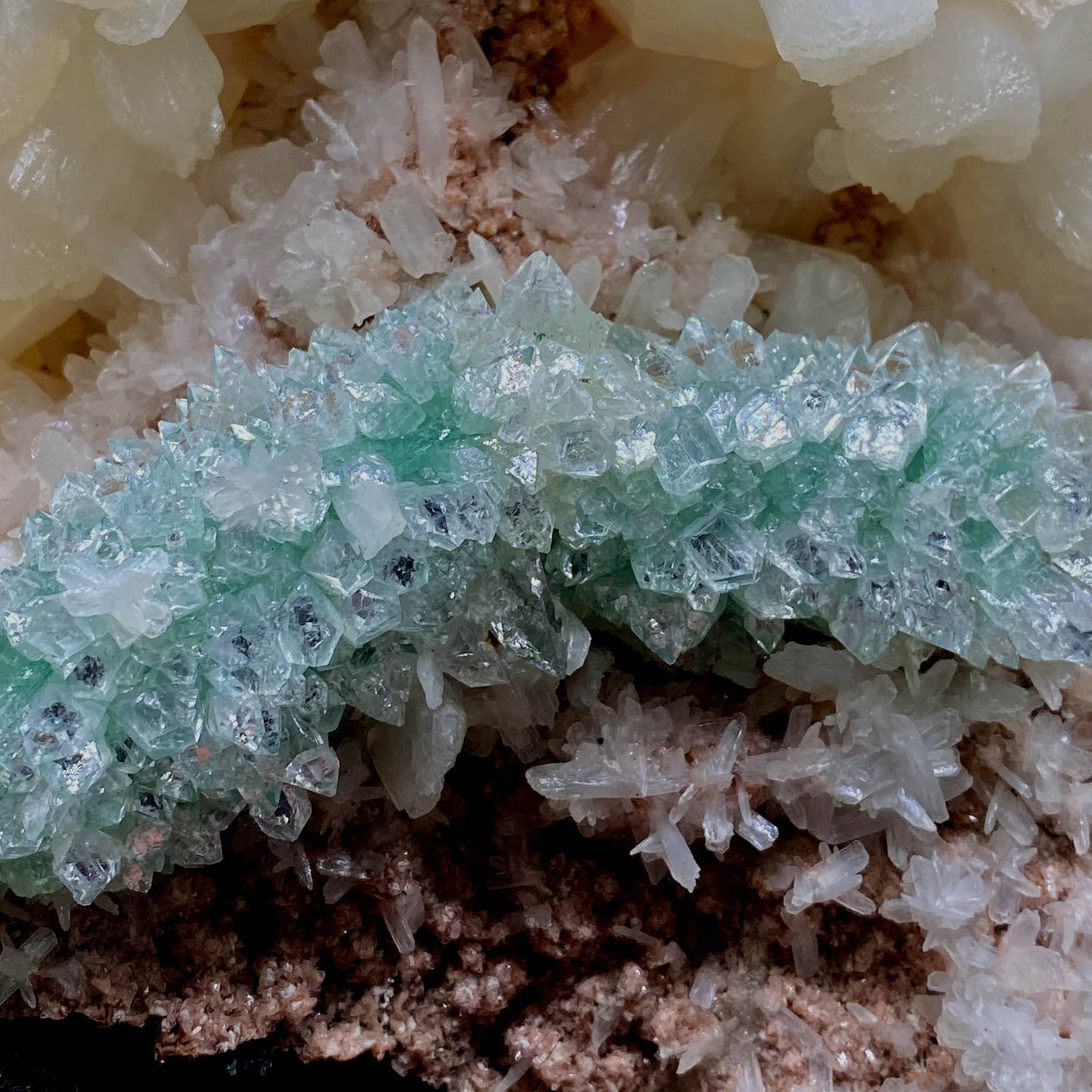 Gemmy Ridge of Terminated Green Apophyllite With Stilbite on Heulandite # Q3 Apophyllite Superb Minerals 