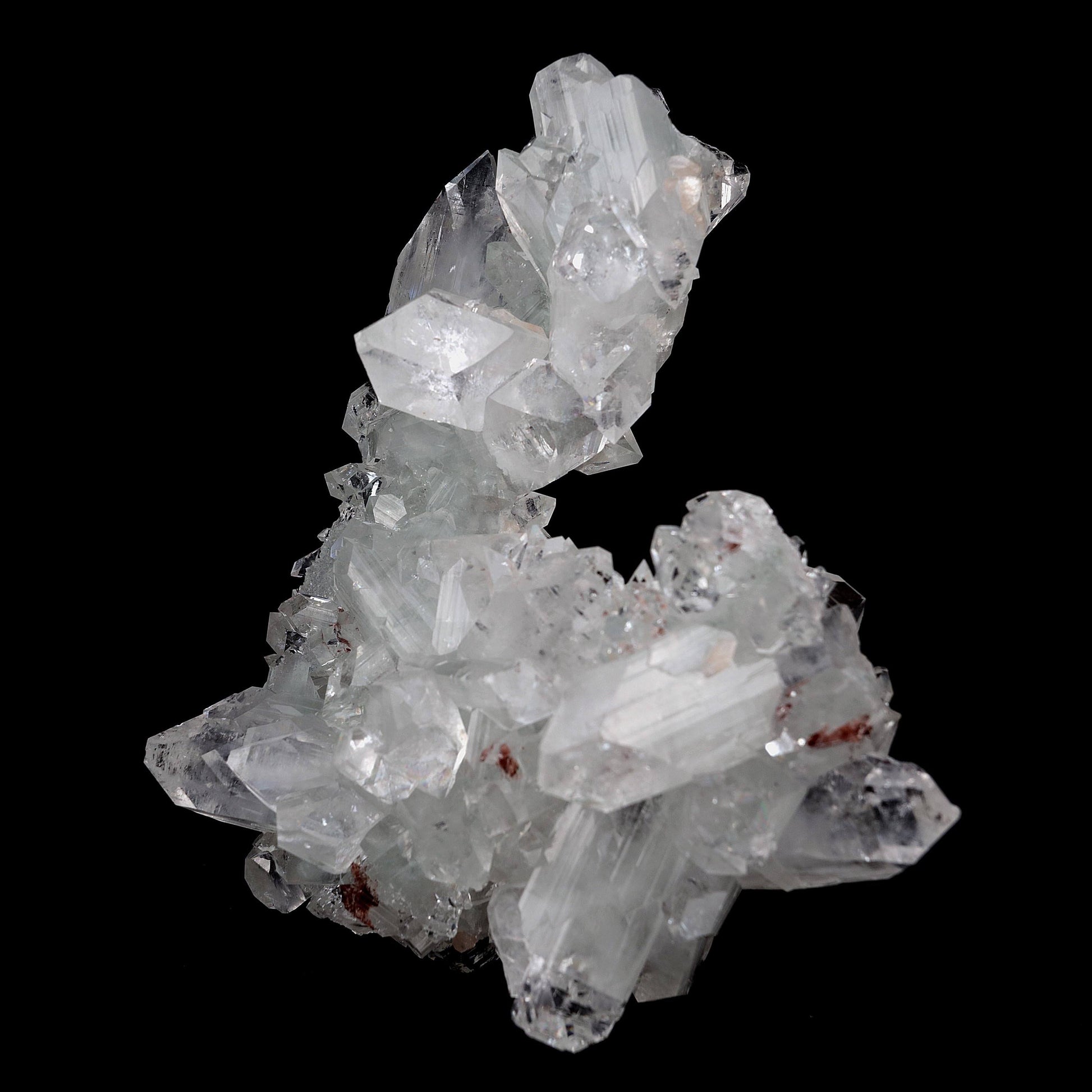 Gemmy Terminated Apophyllite Cluster Natural Mineral Specimen # B 4219  https://www.superbminerals.us/products/gemmy-terminated-apophyllite-cluster-natural-mineral-specimen-b-4219  Features:Fantastic doubly terminated colorless, very glassy, tetragonal apophyllite crystals with striking water-clear, gem, highly modified pinacoidal terminations around translucent bodies are dramatically stacked to form a stunning architectural stalactite from Jalgaon. The crowning crystal is bit long.