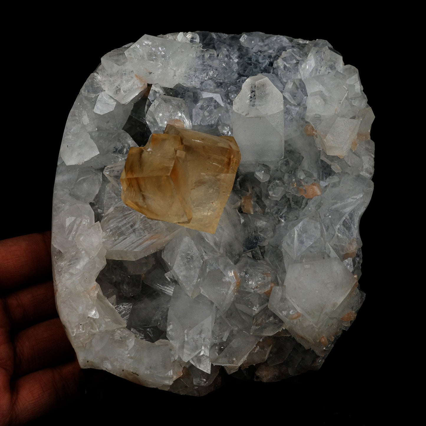 Golden Calcite with Apophyllite Natural Mineral Specimen # B 5170  https://www.superbminerals.us/products/golden-calcite-with-apophyllite-natural-mineral-specimen-b-5170  Features: An extremely aesthetic piece that features a matrix Coated Calcite hosting a couple of complex, lustrous, water clear Calcite crystal with intersecting, perfectly formed pink-orange Stilbite crystals. The crystal formation, color, contrast, luster and symmetry are amazing! It also stands on its own. In excell