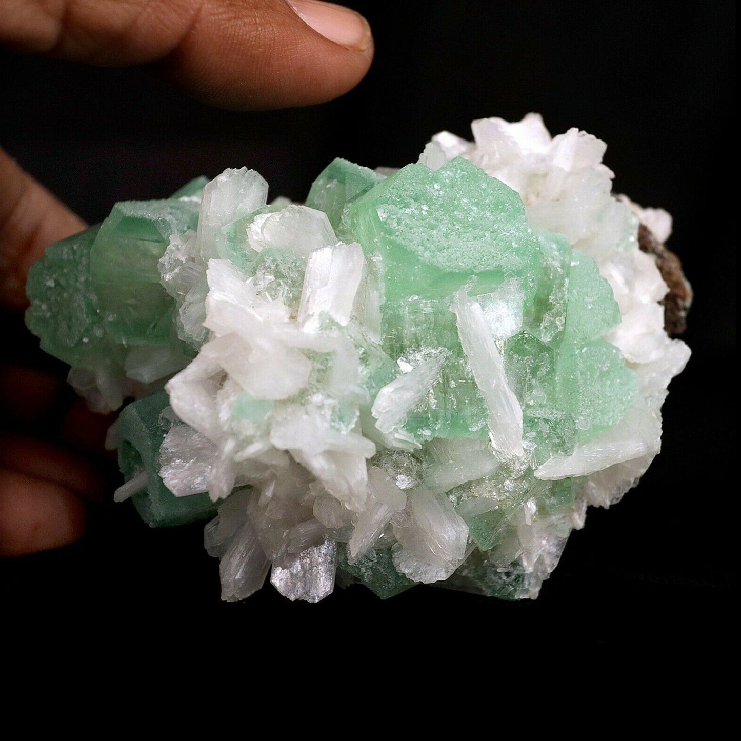 Green Apophyllite Crystal with Stilbite Natural Mineral Specimen # B 3…  https://www.superbminerals.us/products/apophyllite-green-crystal-with-stilbite-natural-mineral-specimen-b-3647  Features:Lovely Green Apophyllite Crystal Cluster Specimen with Stilbite from Aurangabad India. This unique specimen features a large green colored cubic formation Apophyllite with cream colored stilbite. This is a beautiful Zeolite specimen! Primary Mineral(s): ApophylliteSecondary Mineral(s): Stilbite