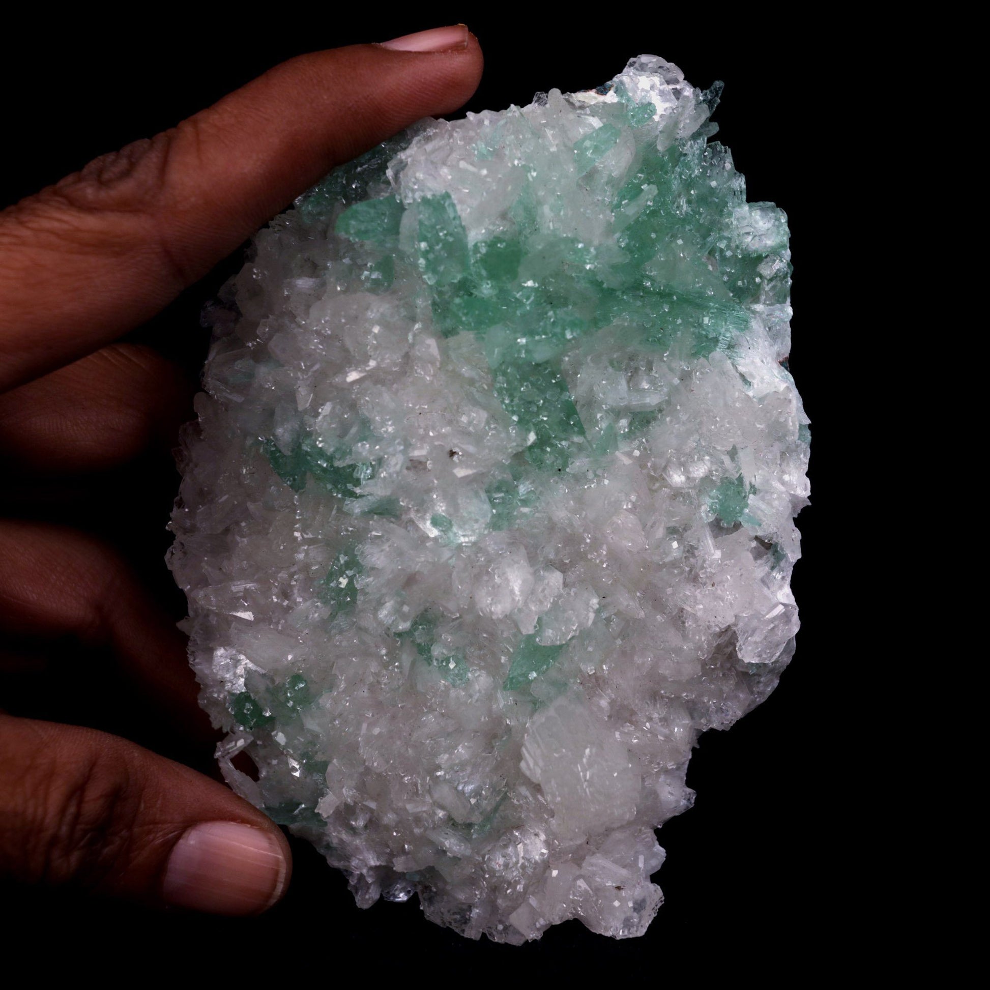 Green Apophyllite Crystals with Stilbite Big Cluster Natural Mineral S…  https://www.superbminerals.us/products/green-apophyllite-crystals-with-stilbite-big-cluster-natural-mineral-specimen-b-4785  Features: Large basalt matrices coated in strikingly beautiful two-toned gemmy tetragonal apophyllite crystals have beautiful starbursts, sprays, and clusters of gemmy, creamy stilbite blades strewn throughout them. The rich mint-green bodies of the apophyllite crystals are terminated by colourless
