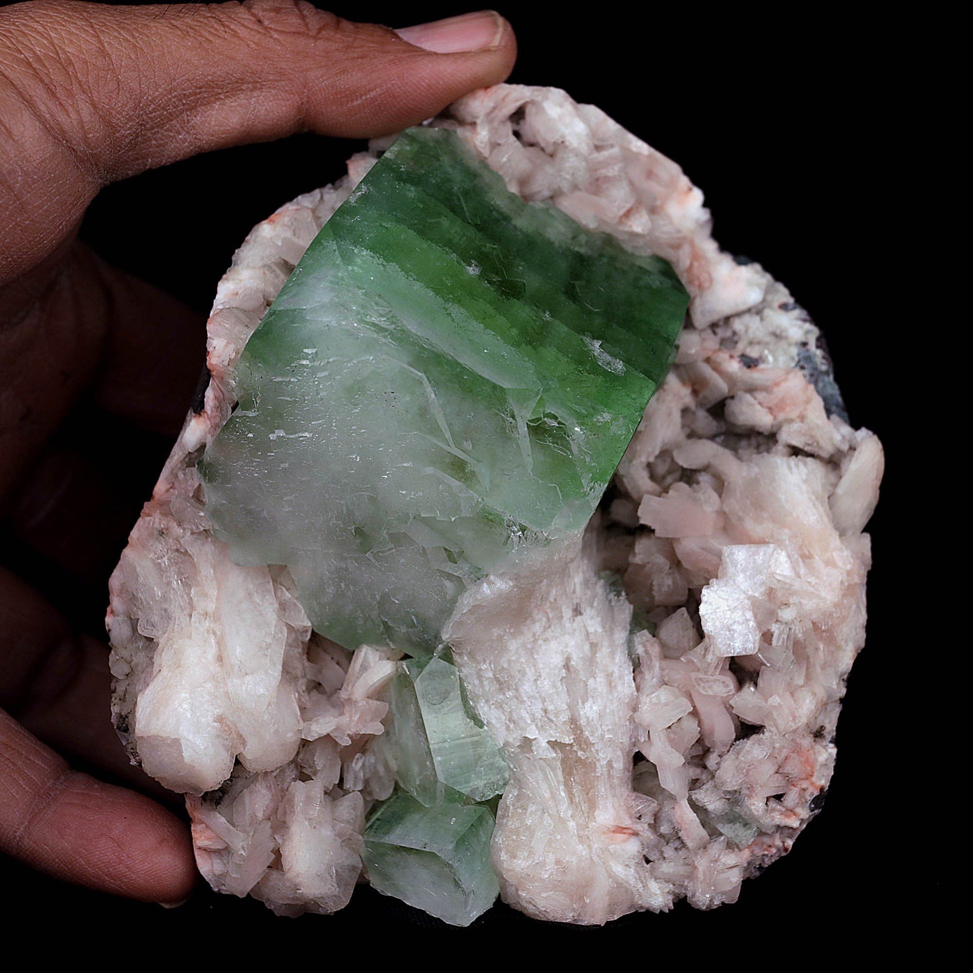 Green Apophyllite Cube with Stilbite Heulandite Natural Mineral # B 41…  https://www.superbminerals.us/products/green-apophyllite-cube-with-stilbite-heulandite-natural-mineral-b-4161  Features:Large shallow vug with a transparent penetrating layerd dark green to mint green Apophyllite cubic crystal on druzy chalcedony formations with Stilbite crystals, all on a bed of white miniature Huelandite crystals on a dark gray Matrix. The color of the Apophyllite is exceptional as is the contrast 