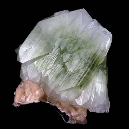Green Apophyllite Cube with Stilbite Natural Mineral Specimen # B 448…  https://www.superbminerals.us/products/green-apophyllite-cube-with-stilbite-natural-mineral-specimen-b-4482  Features:This is a very fine, big, doubly terminated, glossy and translucent bicolored green fluorapophyllite crystal that has been tastefully set on a matrix of aged basalt and quartz druse. A few beautiful, ivory-colored stilbite crystals encircle the base. 