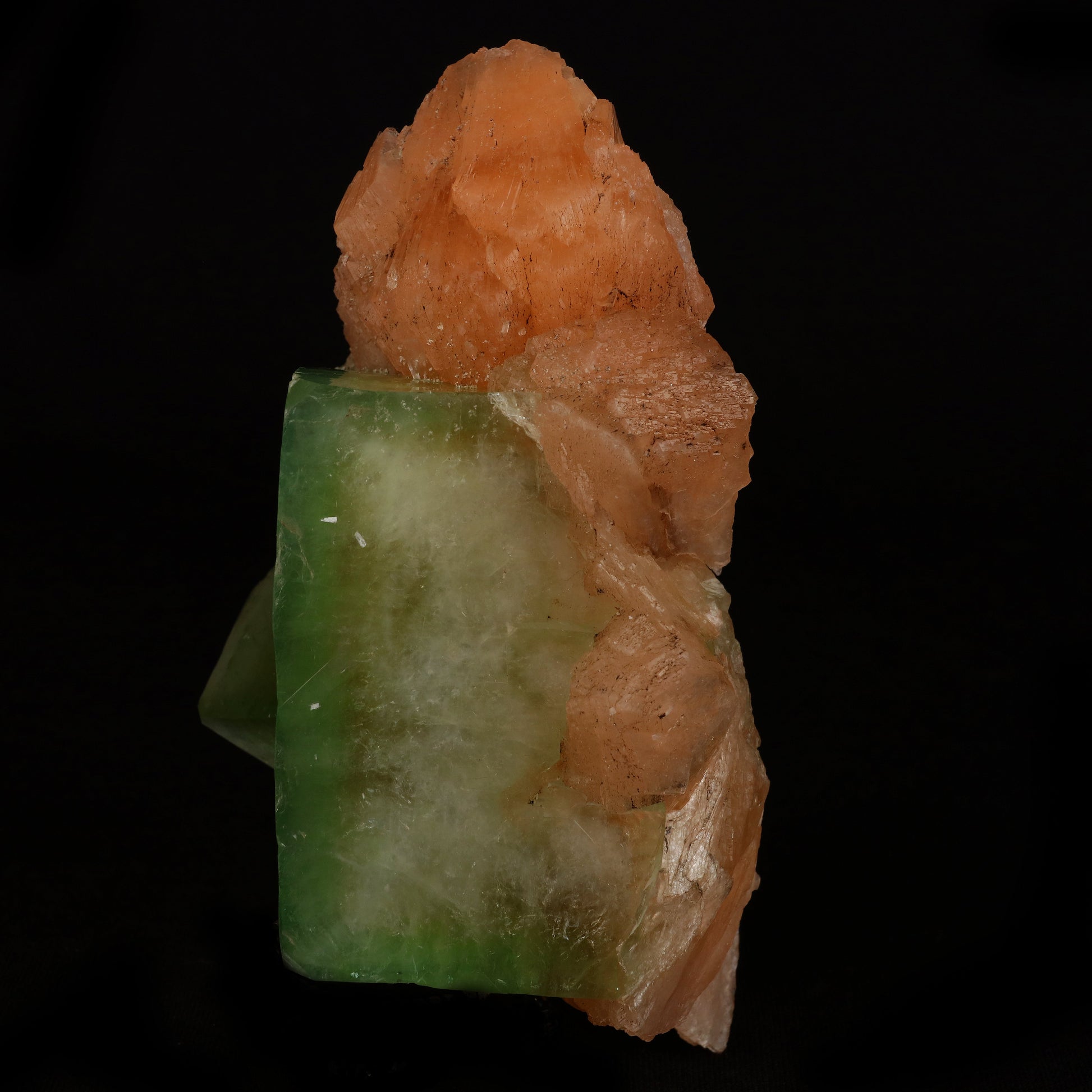 Green Apophyllite Cube With Stilbite Natural Mineral Specimen # B 508…  https://www.superbminerals.us/products/green-apophyllite-cube-with-stilbite-natural-mineral-specimen-b-5080  Features: A striking, large blocky, color-zoned apophyllite crystal aesthetically flanked by similar smaller crystals dramatically highlights this impressive large mounded combination from recent finds in Jalgaon. The glassy, translucent tetragonal apophyllites have rich mint-green centers and colorless terminations
