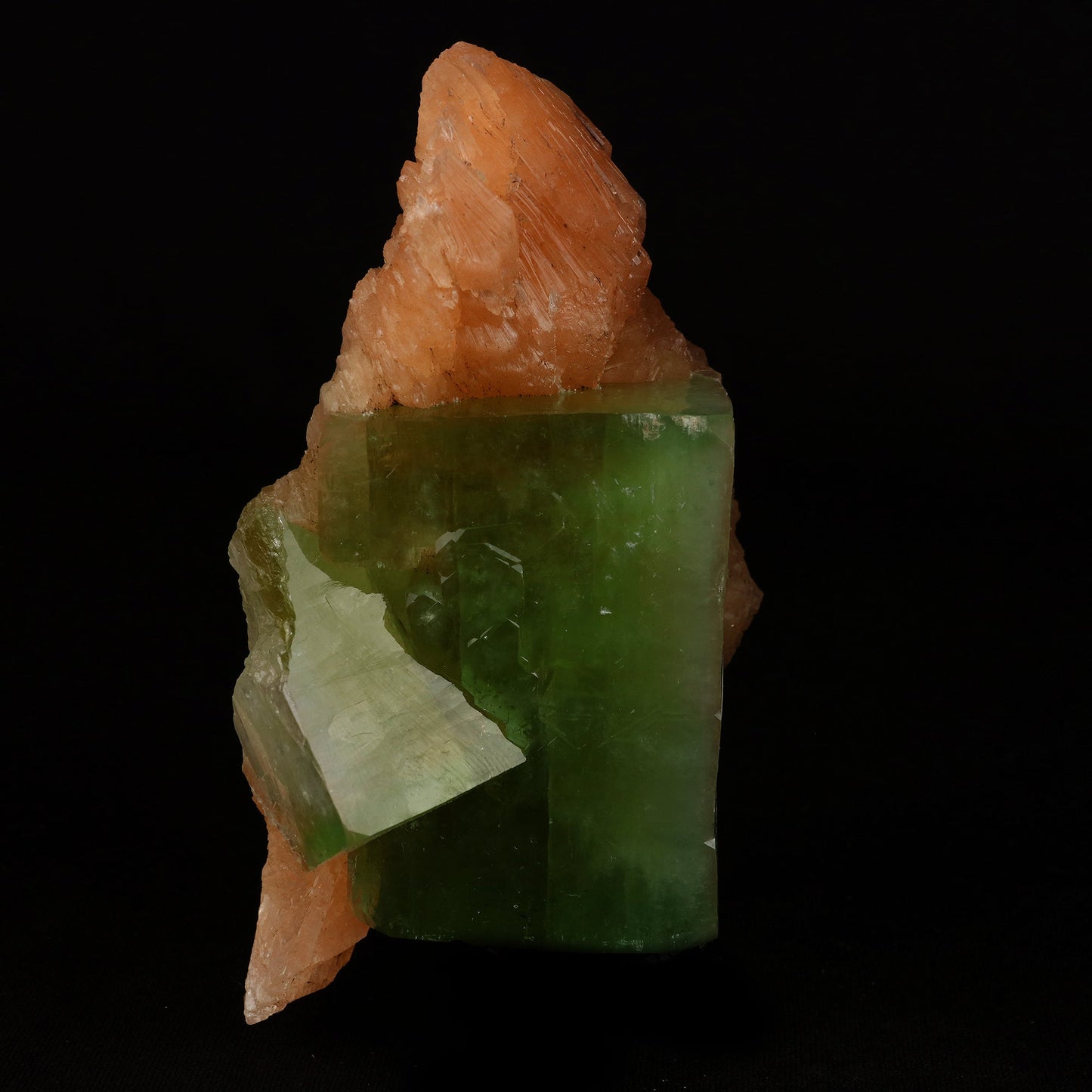 Green Apophyllite Cube With Stilbite Natural Mineral Specimen # B 508…  https://www.superbminerals.us/products/green-apophyllite-cube-with-stilbite-natural-mineral-specimen-b-5080  Features: A striking, large blocky, color-zoned apophyllite crystal aesthetically flanked by similar smaller crystals dramatically highlights this impressive large mounded combination from recent finds in Jalgaon. The glassy, translucent tetragonal apophyllites have rich mint-green centers and colorless terminations