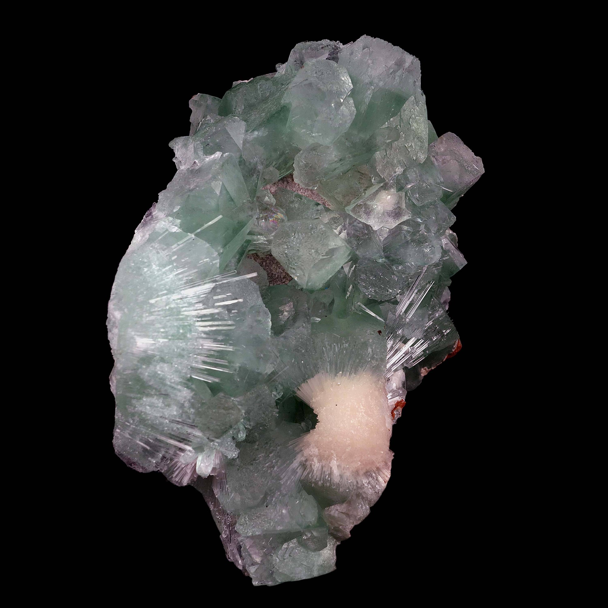 Green Apophyllite Cubical Crystals with Scolecite Natural Mineral Spec…  https://www.superbminerals.us/products/disco-green-apophyllite-with-scolecite-natural-mineral-specimen-b-4006  Features Large lustrous transparent green cubical ball Apophyllite crystals to with elongated lustrous transparent colorless Scolecite sprays. A second generation of smaller water-clear Apophyllite crystals grew in the Scolecite.Primary Mineral(s):&nbsp; Green ApophylliteSecondary Mineral(s): Scolecite
