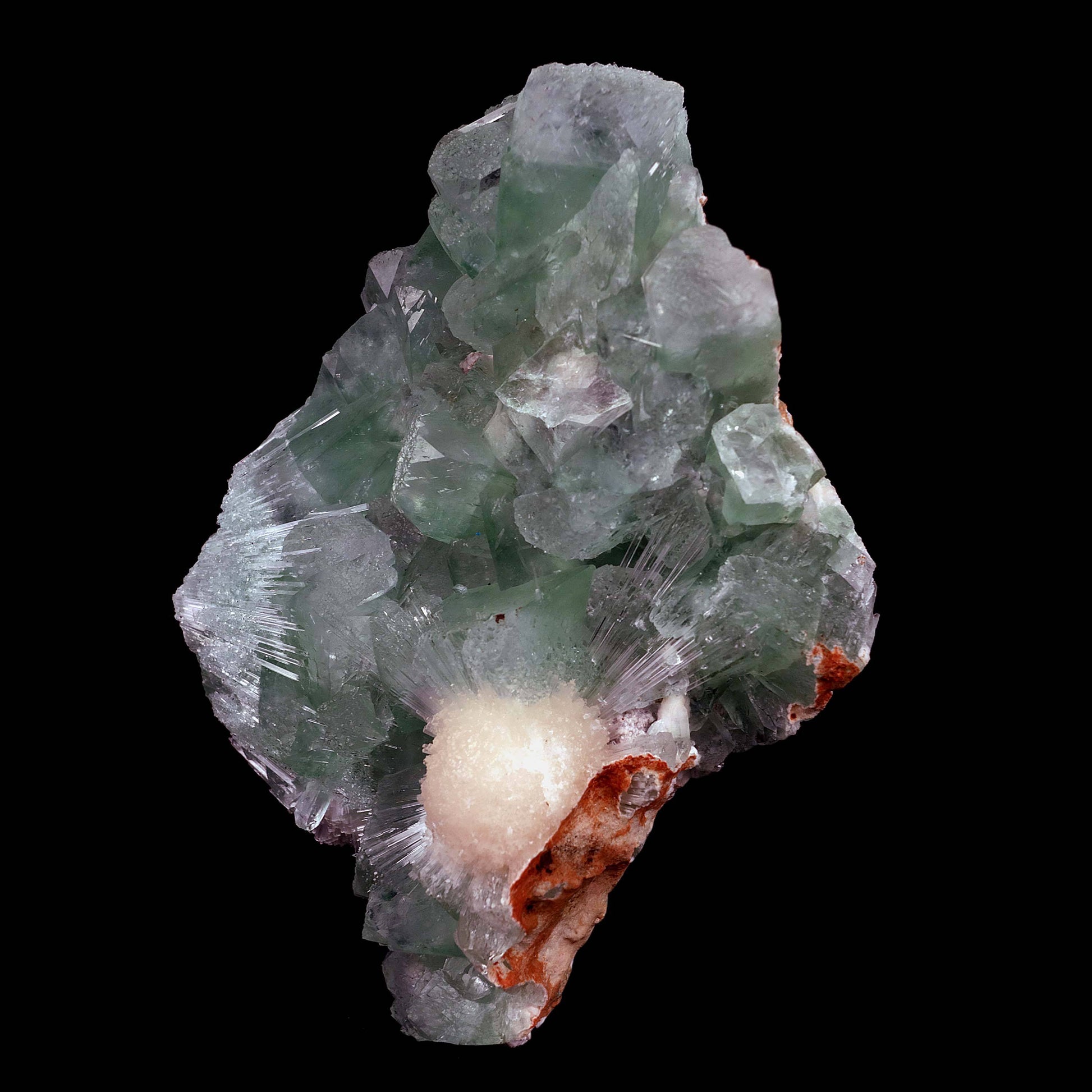 Green Apophyllite Cubical Crystals with Scolecite Natural Mineral Spec…  https://www.superbminerals.us/products/disco-green-apophyllite-with-scolecite-natural-mineral-specimen-b-4006  Features Large lustrous transparent green cubical ball Apophyllite crystals to with elongated lustrous transparent colorless Scolecite sprays. A second generation of smaller water-clear Apophyllite crystals grew in the Scolecite.Primary Mineral(s):&nbsp; Green ApophylliteSecondary Mineral(s): Scolecite