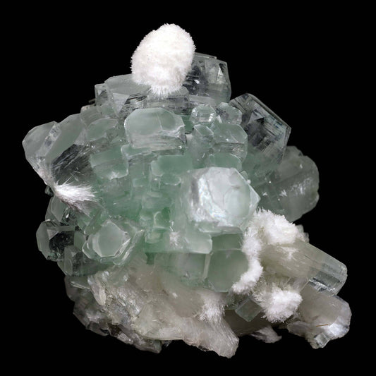 Green Apophyllite Disco Ball with Stilbite, Mordenite Natural Mineral …  https://www.superbminerals.us/products/green-apophyllite-disco-ball-with-stilbite-mordenite-natural-mineral-specimen-b-4391  Features:Stunning clusters of glassy, gemmy, bi-colored, tetragonal apophyllite crystals are artistically centered on creamy stilbite crystals and beautiful Mordenite white ball on this outstanding large specimen from Ahmadnagar. The crystals have rich mint-green bodies and limpid colorless terminations.