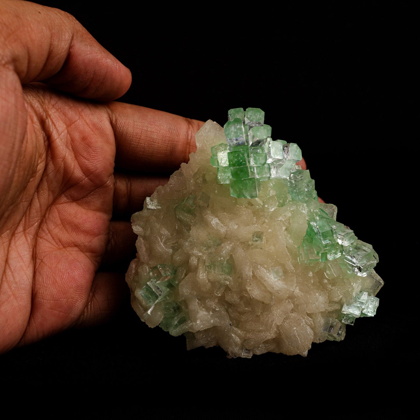 Green Apophyllite Disco Ball with Stilbite Natural Mineral Specimen #…  https://www.superbminerals.us/products/green-apophyllite-disco-ball-with-stilbite-natural-mineral-specimen-b-5125  Features: The finding of these spectacular fluorapophyllite "disco balls" while excavating huge diameter water wells is without a doubt one of the Deccan Traps' Great Finds.A "small ball" over... "ball" of densely intergrown, gemmy, highly glassy, mint-green to colourless tetragonal crystals with pinacoidal termination