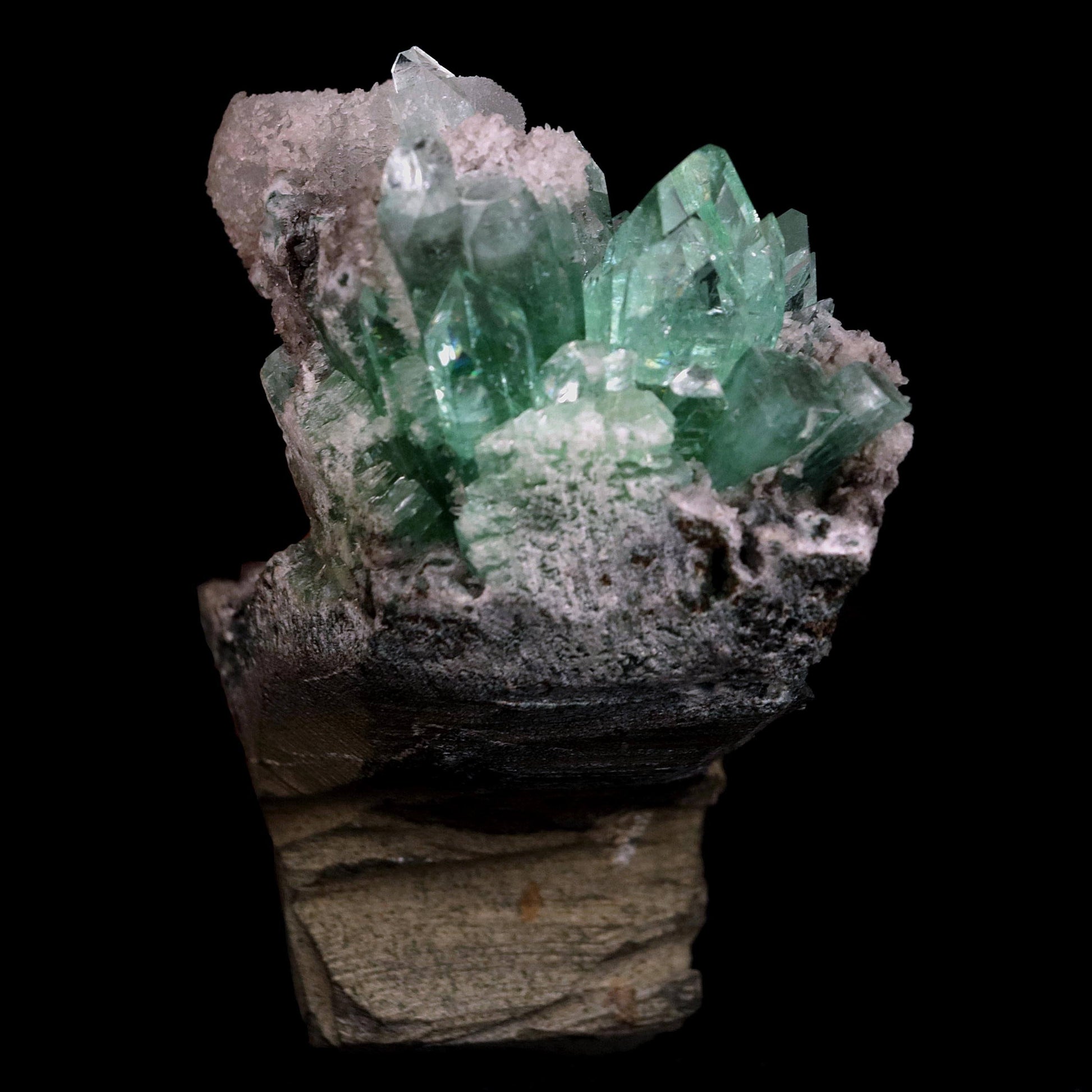Green Apophyllite with Coated Calcite on Black Chalcedony Natural Mine… https://www.superbminerals.us/products/green-apophyllite-with-coated-calcite-on-black-chalcedony-natural-mineral-specimen-b-4600 Features:An exceptionally sculptural and impressive large combination zeolite specimen from Aurangabad. The very well prepared deep triangular vug in basalt matrix is lined with sparkly, bubbly, drusy gray chalcedony. The striking and aesthetic mound in the middle hosts pearlescent