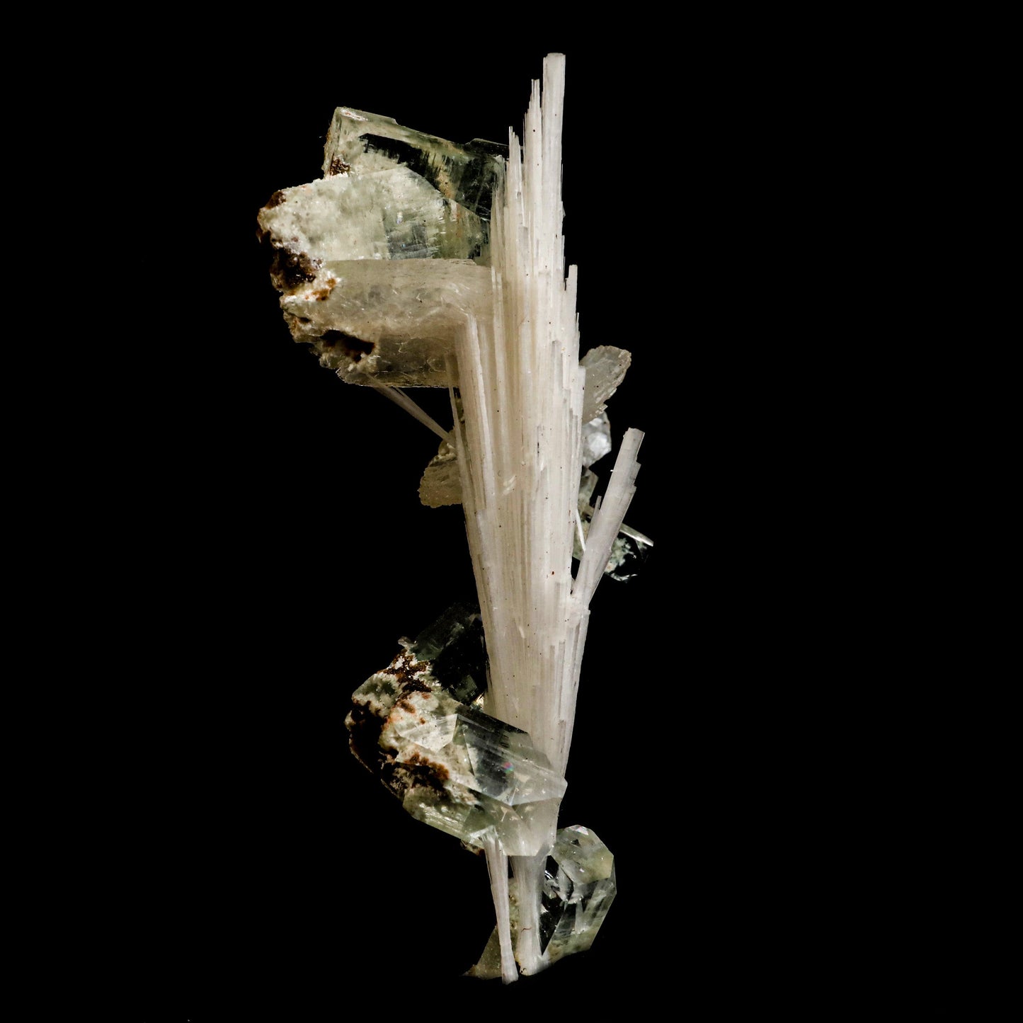 Green Apophyllite with Scolecite Sprays Natural Mineral Specimen # B …  https://www.superbminerals.us/products/green-apophyllite-with-scolecite-sprays-natural-mineral-specimen-b-5019  Features:&nbsp;A massive spray of elongated colourless Scolecite crystals. A little fragment of matrix is connected, along with a small Stilbite crystal and light green apophyllite crystals.Scolecite crystals have a glassy appearance and are highly translucent, with transparent terminations. 