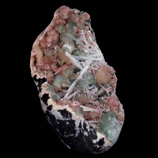 Green Apophyllite with Scolecite Sprays on Stilbite Natural Mineral Sp…  https://www.superbminerals.us/products/green-apophyllite-with-scolecite-sprays-on-stilbite-natural-mineral-specimen-b-4643  Features: A striking, big, and sculptural 3-dimensional matrix combination material from the state of Maharashtra. The item is dominated by two-toned, mint-green and off-white, glossy, transparent, blocky tetragonal apophyllite crystals with satin lustre faces. Clusters of snow-white acicular scolecite crystals
