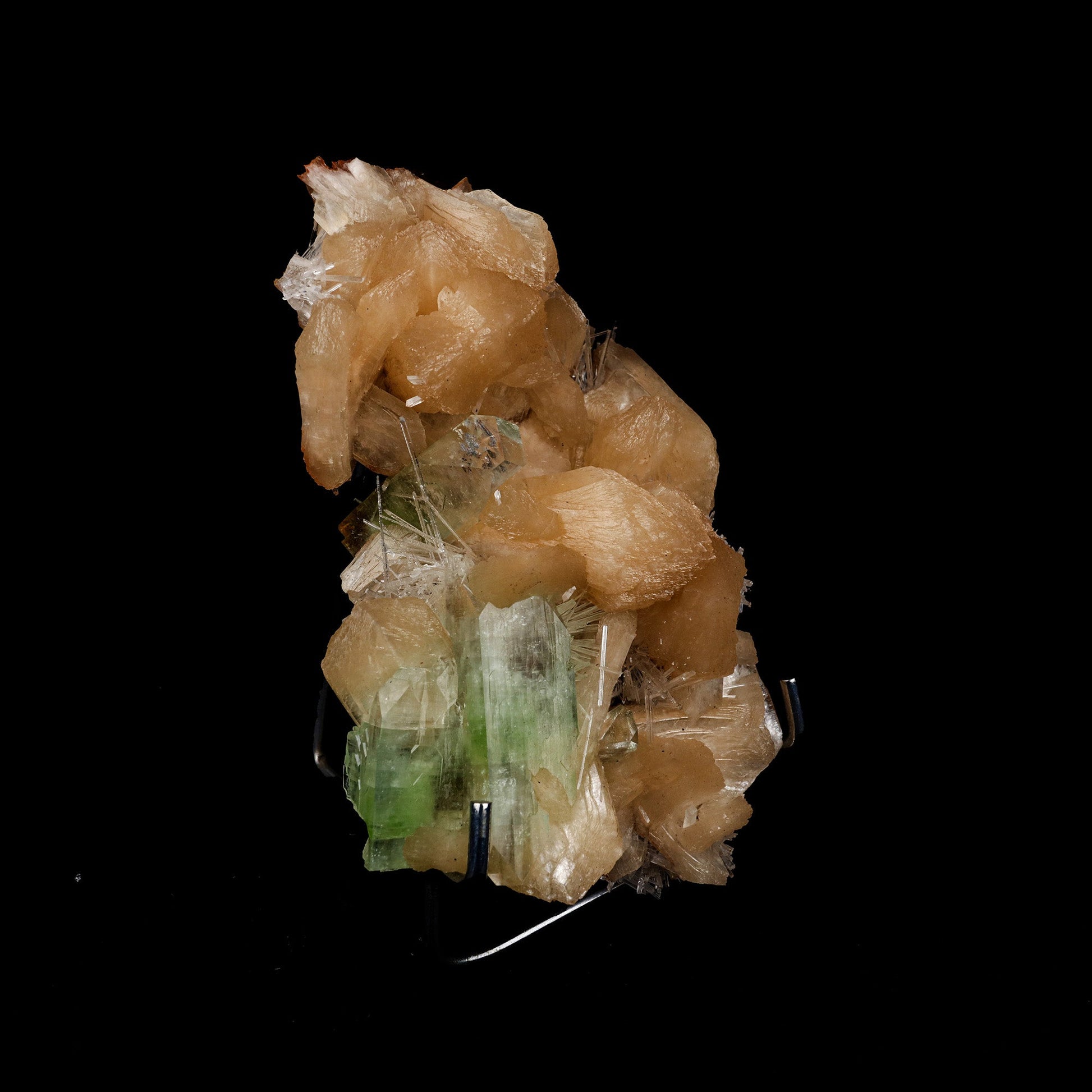 Green Apophyllite with Scolecite Sprays on Stilbite Natural Mineral Sp…  https://www.superbminerals.us/products/green-apophyllite-with-scolecite-sprays-on-stilbite-natural-mineral-specimen-b-5267  Features: This is a beautiful cluster of pseudo-cubic Apophyllite crystals and lustrous peach stilbite. Large Apophyllite crystals show interesting zoning with bands of colors from apple green at the base of the crystals to clear at the top. Primary Mineral(s): Apophyllite Secondary Mineral(s): Stilbite, Scolecite