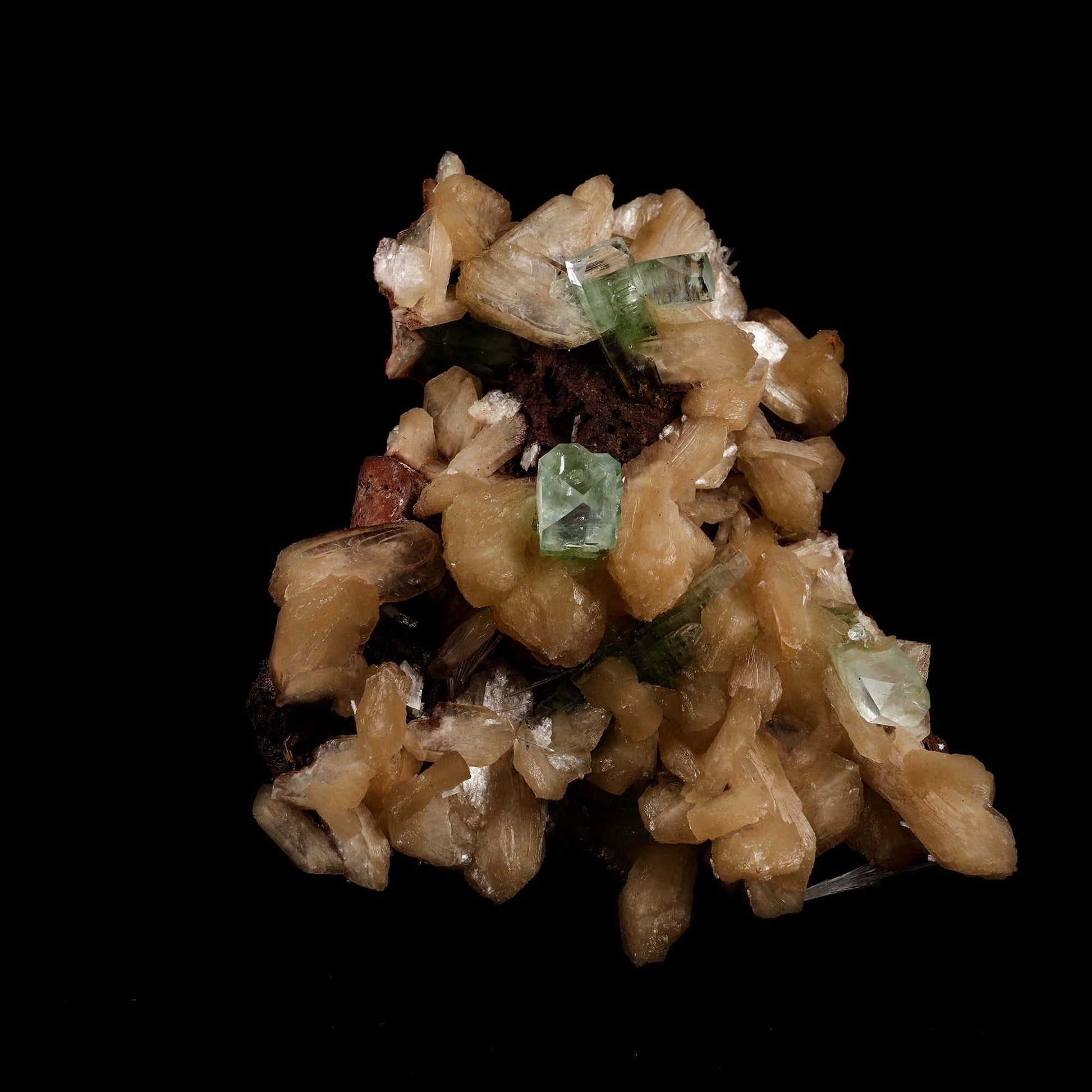 Green Apophyllite with Stilbite Natural Mineral Specimen # B 5184  https://www.superbminerals.us/products/green-apophyllite-with-stilbite-natural-mineral-specimen-b-5184  Features: A very aesthetic piece featuring a matrix densely coated with miniature, beige Stilbite crystals with a cluster of lustrous, larger light-beige Stilbite crystals at the base, all hosting a crown of transparent, mint-green Apophyllite pseudocubic (rectangular) crystals. Great contrast, color, symmetry 