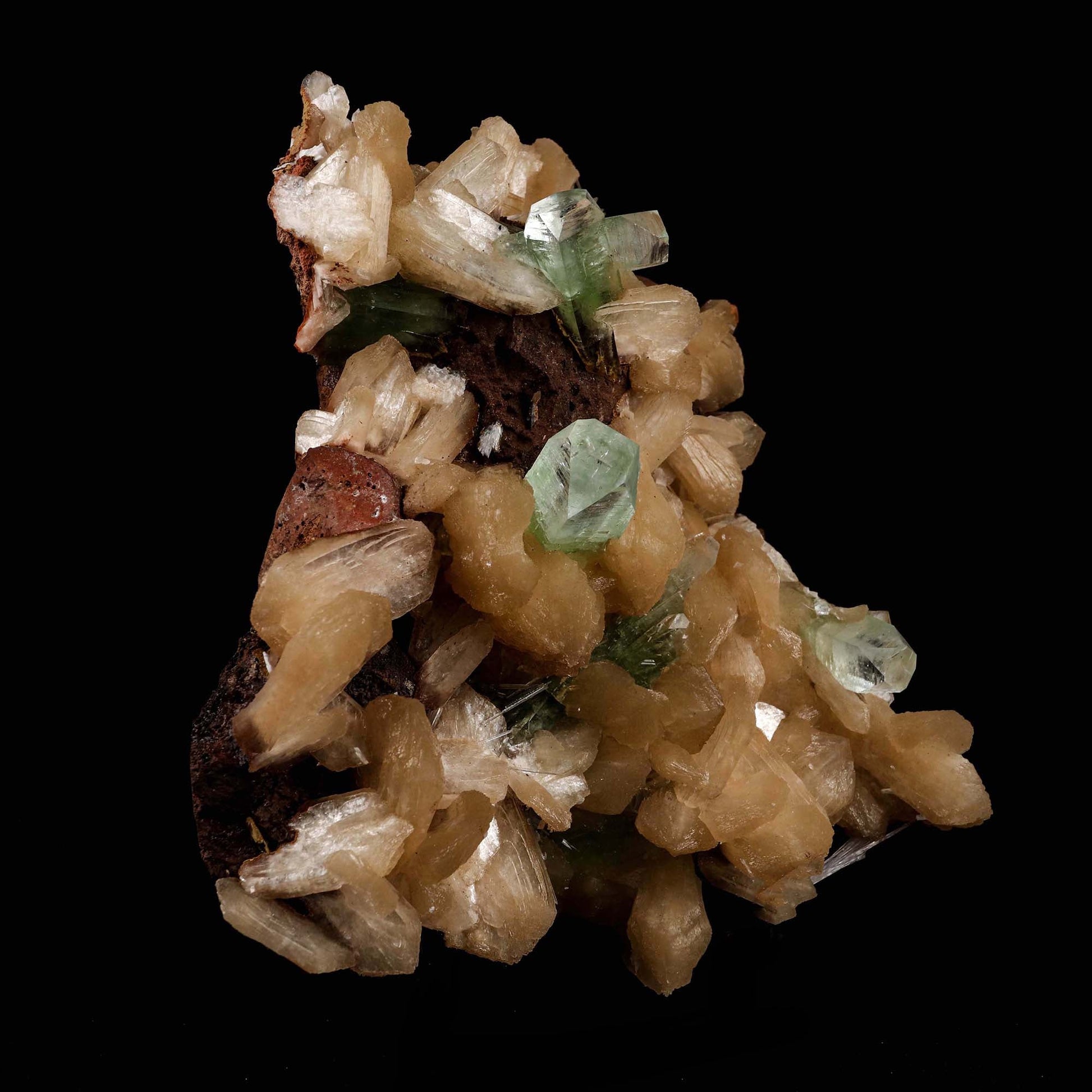 Green Apophyllite with Stilbite Natural Mineral Specimen # B 5184  https://www.superbminerals.us/products/green-apophyllite-with-stilbite-natural-mineral-specimen-b-5184  Features: A very aesthetic piece featuring a matrix densely coated with miniature, beige Stilbite crystals with a cluster of lustrous, larger light-beige Stilbite crystals at the base, all hosting a crown of transparent, mint-green Apophyllite pseudocubic (rectangular) crystals. Great contrast, color, symmetry 