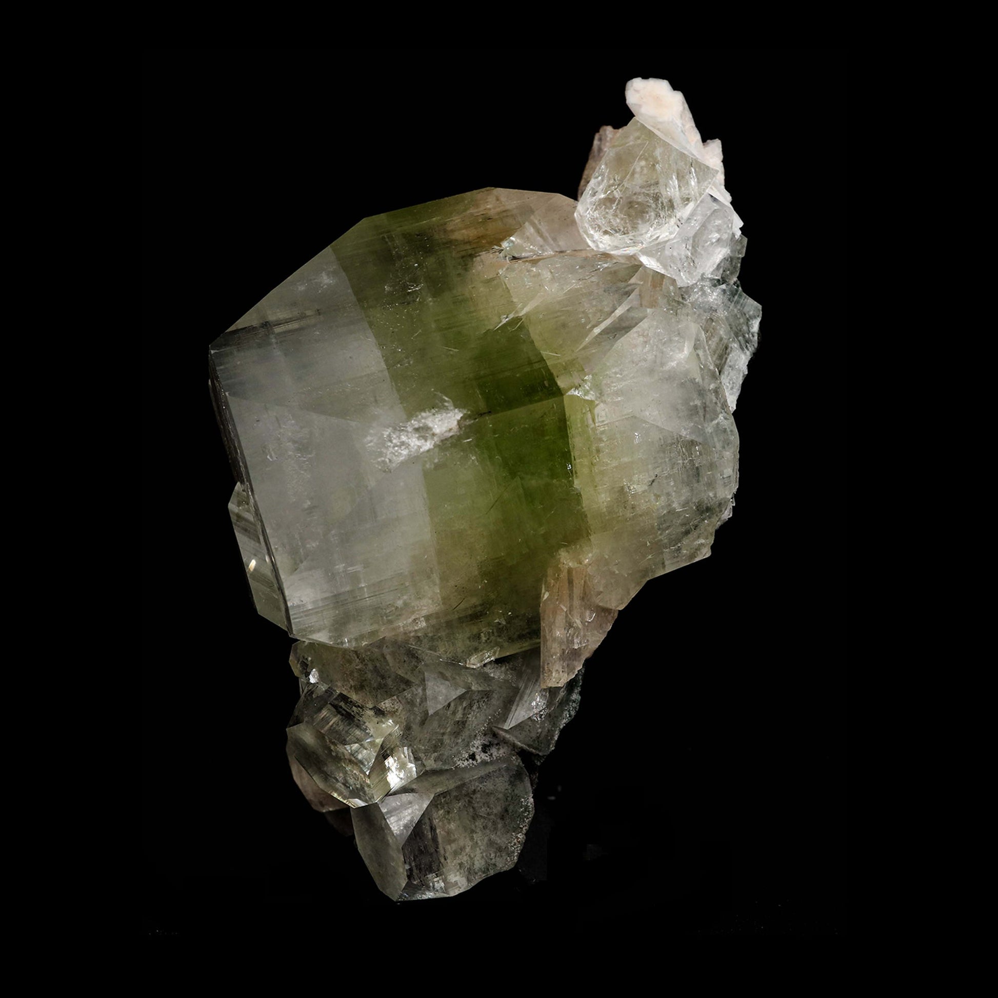 Green Apophyllite with Stilbite Natural Mineral Specimen # B 5192  https://www.superbminerals.us/products/green-apophyllite-with-stilbite-natural-mineral-specimen-b-5191  Features: A beautiful specimen of lustrous, radiating clusters of transparent green Apophyllite crystals on a plate of contrasting Stilbite crystals. These unusual Apophyllite crystals have flat terminations and the radiating, round-like clusters are incredibly aesthetic.&nbsp;This is a great piece in excellent