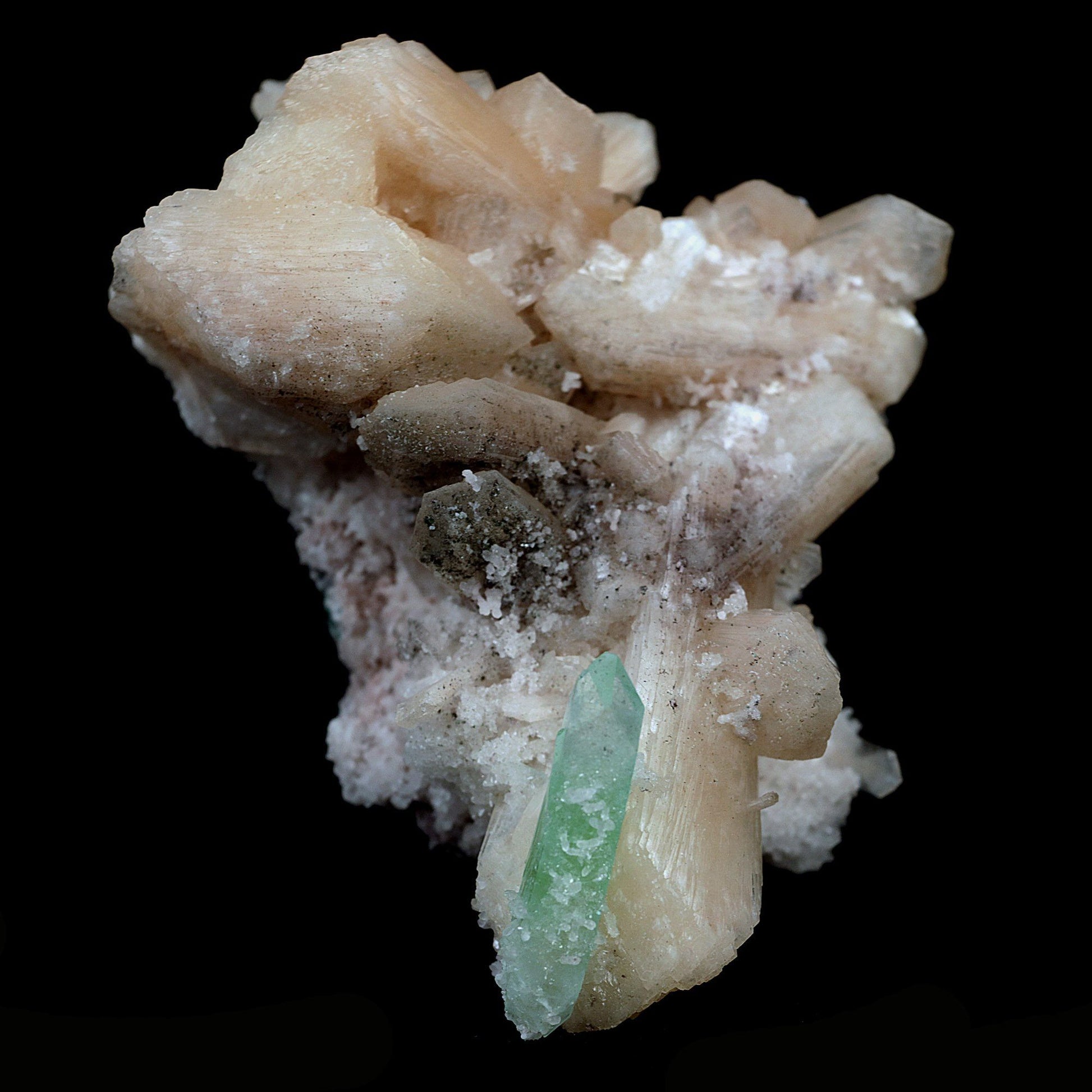 Green Apophyllite with Stilbite on Chalcedony Natural Mineral Specimen…  https://www.superbminerals.us/products/green-apophyllite-with-stilbite-on-chalcedony-natural-mineral-specimen-b-4116  Features:The specimen consists of striking, strongly lustrous, transparent and gem, rich green Apophyllite crystals growing in a beautiful spray. The quality of the Apophyllite is tremendous - transparent, limpid, perfect sharp pyramidal terminations and water clear. Small Stilbite crystals are seen too. In superb