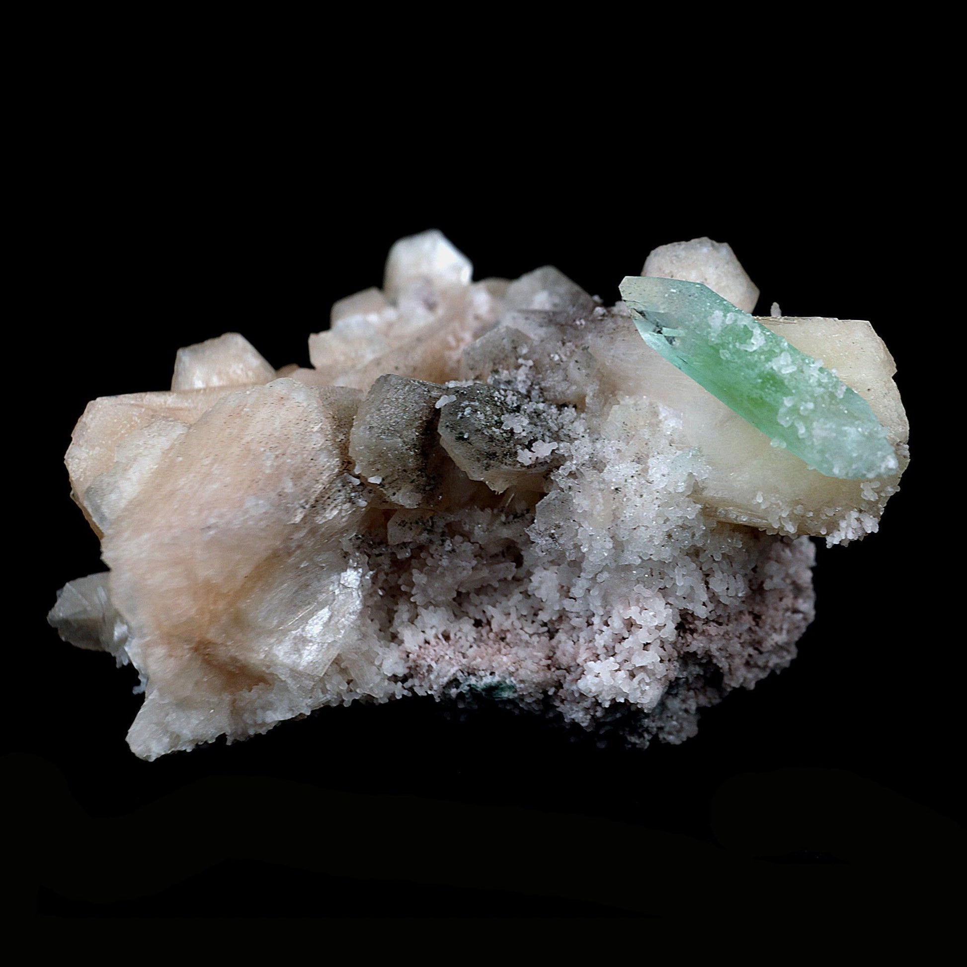 Green Apophyllite with Stilbite on Chalcedony Natural Mineral Specimen…  https://www.superbminerals.us/products/green-apophyllite-with-stilbite-on-chalcedony-natural-mineral-specimen-b-4116  Features:The specimen consists of striking, strongly lustrous, transparent and gem, rich green Apophyllite crystals growing in a beautiful spray. The quality of the Apophyllite is tremendous - transparent, limpid, perfect sharp pyramidal terminations and water clear. Small Stilbite crystals are seen too. In superb