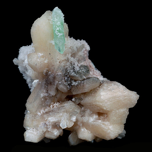 Green Apophyllite with Stilbite on Chalcedony Natural Mineral Specimen…  https://www.superbminerals.us/products/green-apophyllite-with-stilbite-on-chalcedony-natural-mineral-specimen-b-4116  Features:The specimen consists of striking, strongly lustrous, transparent and gem, rich green Apophyllite crystals growing in a beautiful spray. The quality of the Apophyllite is tremendous - transparent, limpid, perfect sharp pyramidal terminations and water clear. Small Stilbite crystals are seen too. In superb