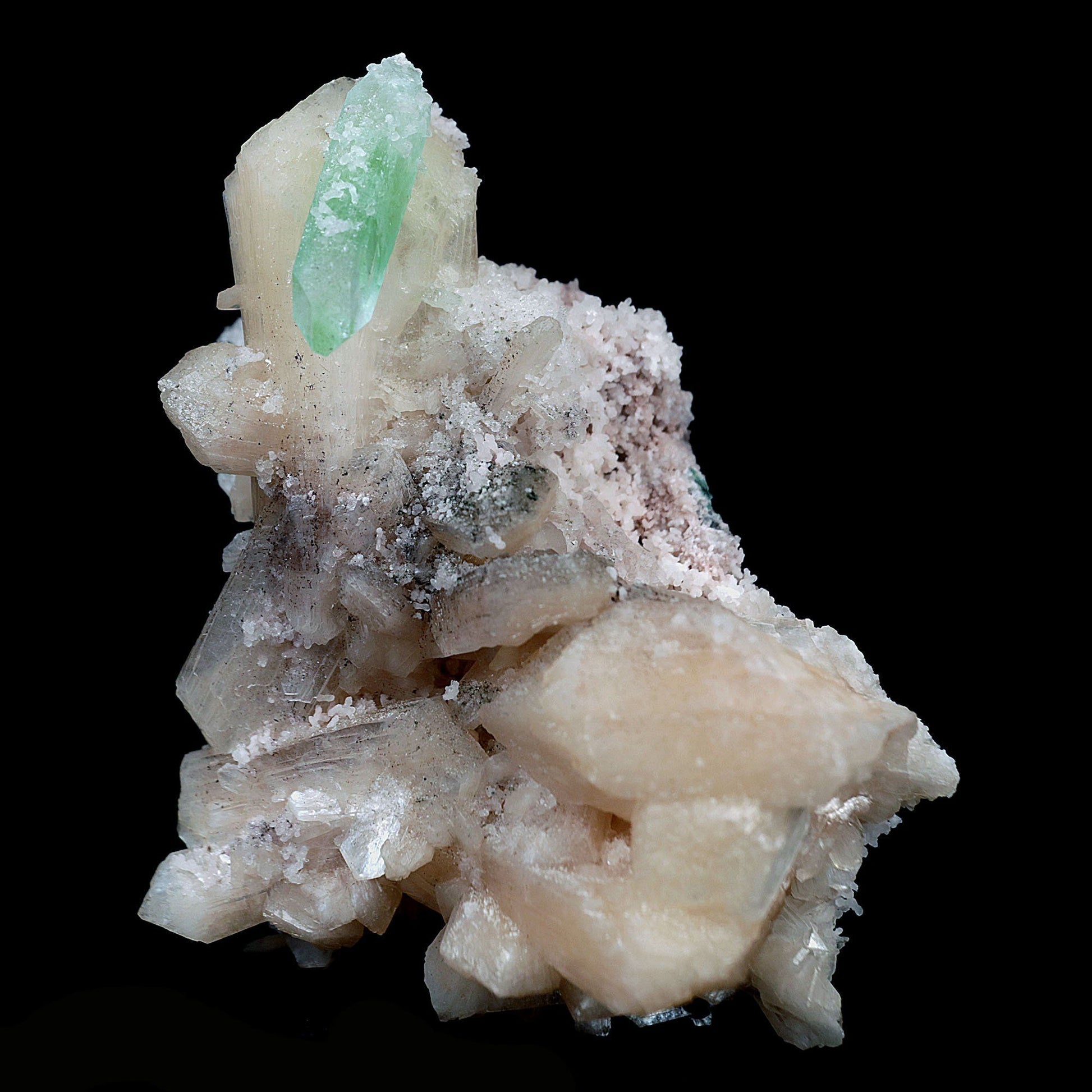 Green Apophyllite with Stilbite on Chalcedony Natural Mineral Specimen…  https://www.superbminerals.us/products/green-apophyllite-with-stilbite-on-chalcedony-natural-mineral-specimen-b-4116  Features:The specimen consists of striking, strongly lustrous, transparent and gem, rich green Apophyllite crystals growing in a beautiful spray. The quality of the Apophyllite is tremendous - transparent, limpid, perfect sharp pyramidal terminations and water clear. Small Stilbite crystals are seen too. In superb