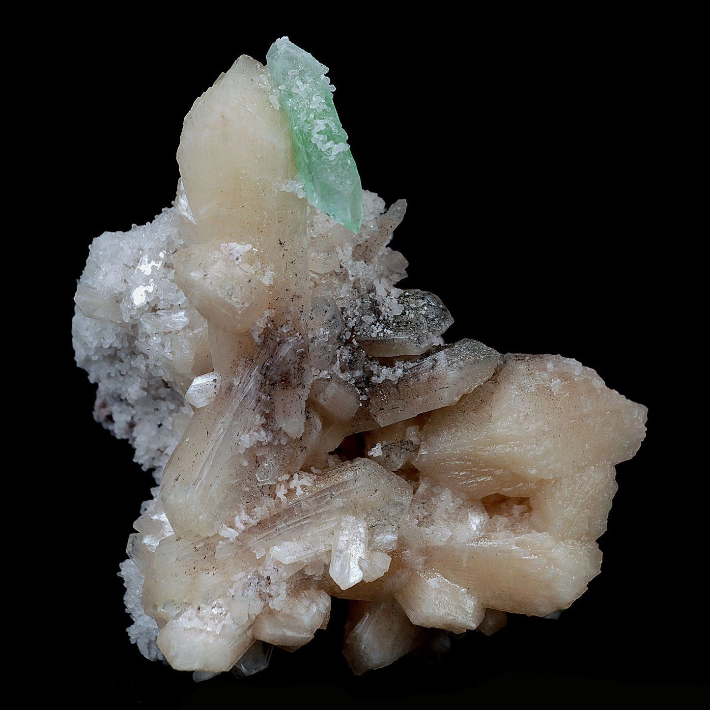 Green Apophyllite with Stilbite on Chalcedony Natural Mineral Specimen…  https://www.superbminerals.us/products/green-apophyllite-with-stilbite-on-chalcedony-natural-mineral-specimen-b-4116  Features:The specimen consists of striking, strongly lustrous, transparent and gem, rich green Apophyllite crystals growing in a beautiful spray. The quality of the Apophyllite is tremendous - transparent, limpid, perfect sharp pyramidal terminations and water clear. Small Stilbite crystals are seen too. In superb