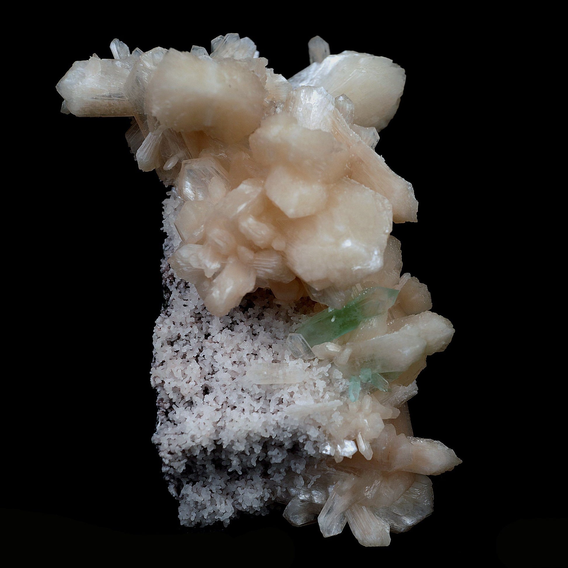 Green Apophyllite with Stilbite on Chalcedony Natural Mineral Specimen…  https://www.superbminerals.us/products/green-apophyllite-with-stilbite-on-chalcedony-natural-mineral-specimen-b-4117  Features:The specimen consists of striking, strongly lustrous, transparent and gem, rich green Apophyllite crystals growing in a beautiful spray. The quality of the Apophyllite is tremendous - transparent, limpid, perfect sharp pyramidal terminations and water clear. Small Stilbite crystals are seen too.