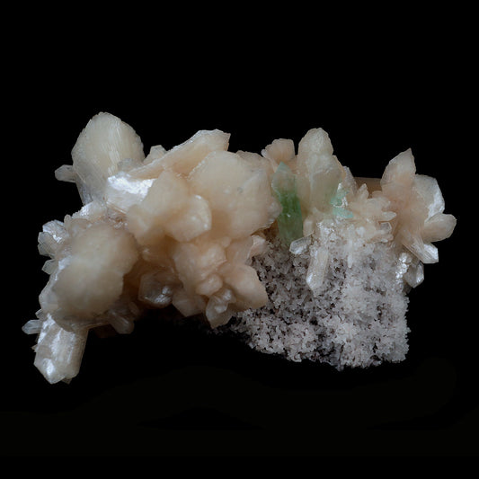 Green Apophyllite with Stilbite on Chalcedony Natural Mineral Specimen…  https://www.superbminerals.us/products/green-apophyllite-with-stilbite-on-chalcedony-natural-mineral-specimen-b-4117  Features:The specimen consists of striking, strongly lustrous, transparent and gem, rich green Apophyllite crystals growing in a beautiful spray. The quality of the Apophyllite is tremendous - transparent, limpid, perfect sharp pyramidal terminations and water clear. Small Stilbite crystals are seen too.