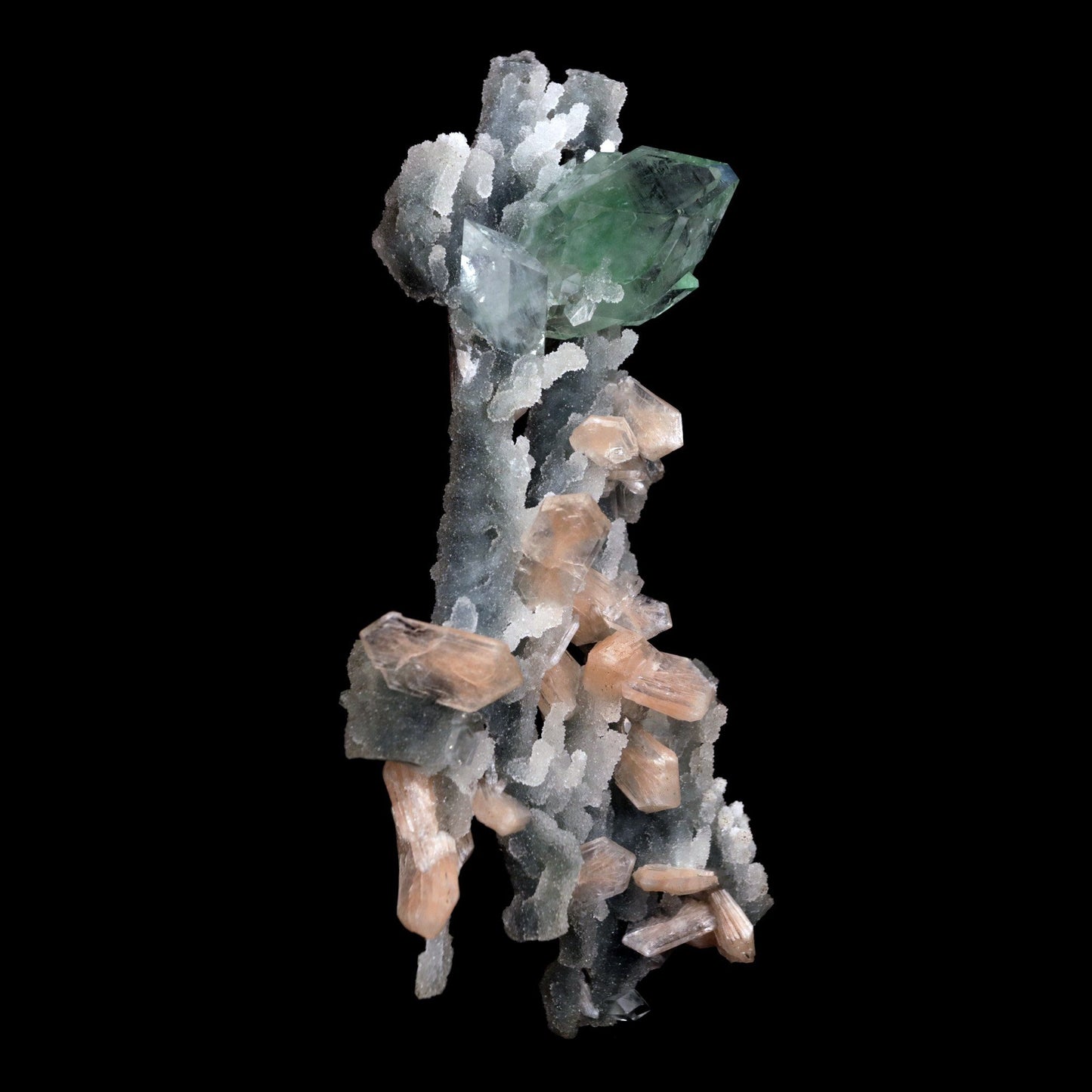 Green Apophyllite with Stilbite on Chalcedony Stalactite Natural Miner… https://www.superbminerals.us/products/green-apophyllite-with-stilbite-on-chalcedony-stalactite-natural-mineral-specimen-b-4841 Features: Apophyllite crystals are glossy and crisp, with tiny bladed white Stilbite on pastel purplish Chalcedony stalactites on matrix in this great show specimen. Fantastic condition